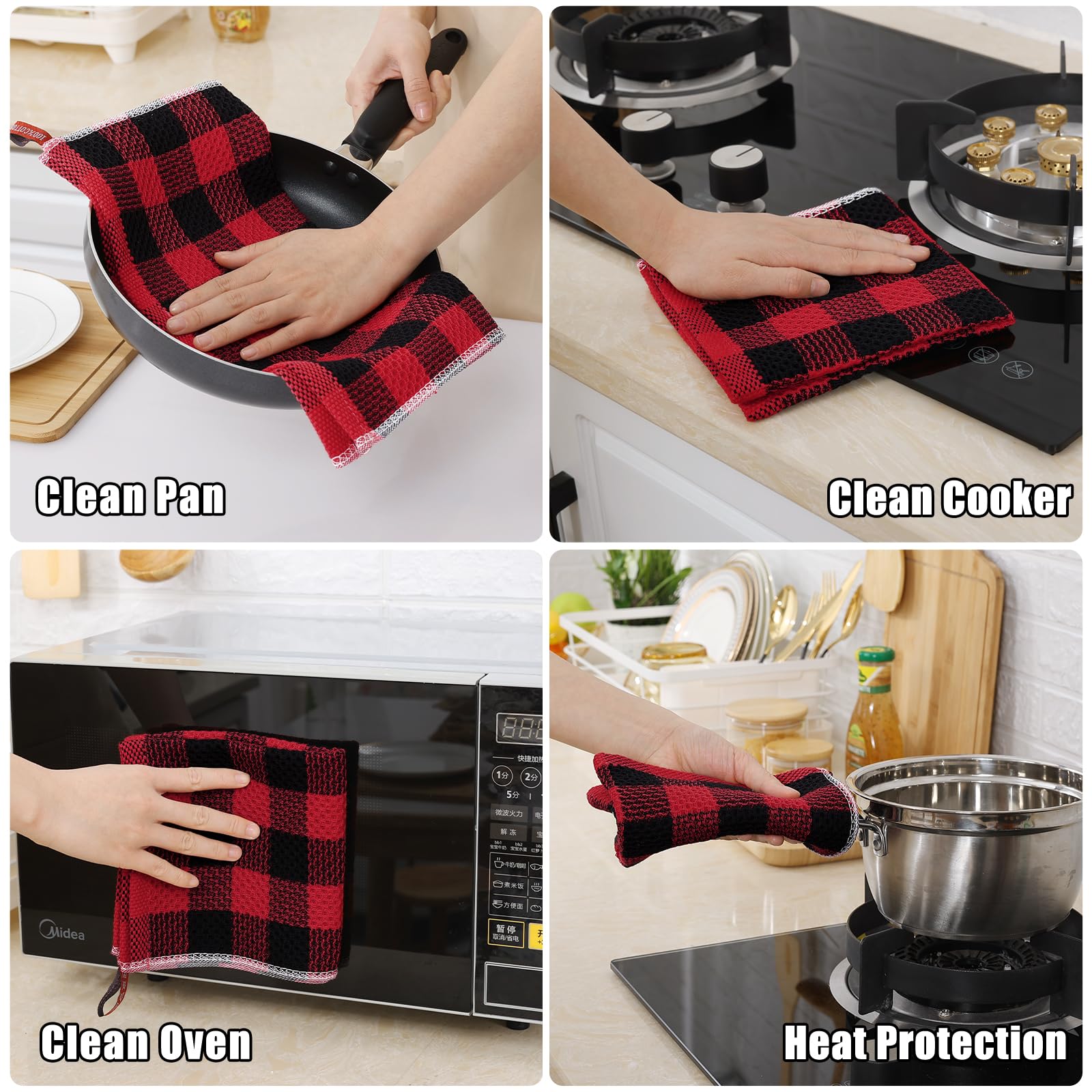 Premium Buffalo Plaid Cotton Kitchen Towels Set - 8 Pack Absorbent Waffle Weave Dishcloths (12