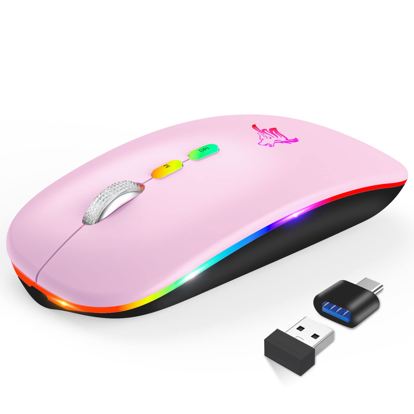 Wireless LED Mouse - Slim Rechargeable Silent Bluetooth Mouse with USB Receiver & Type-C Adapter | 2.4G/Bluetooth Dual Mode | Portable Optical Computer Mouse (Pink) for Office, Gaming & Travel