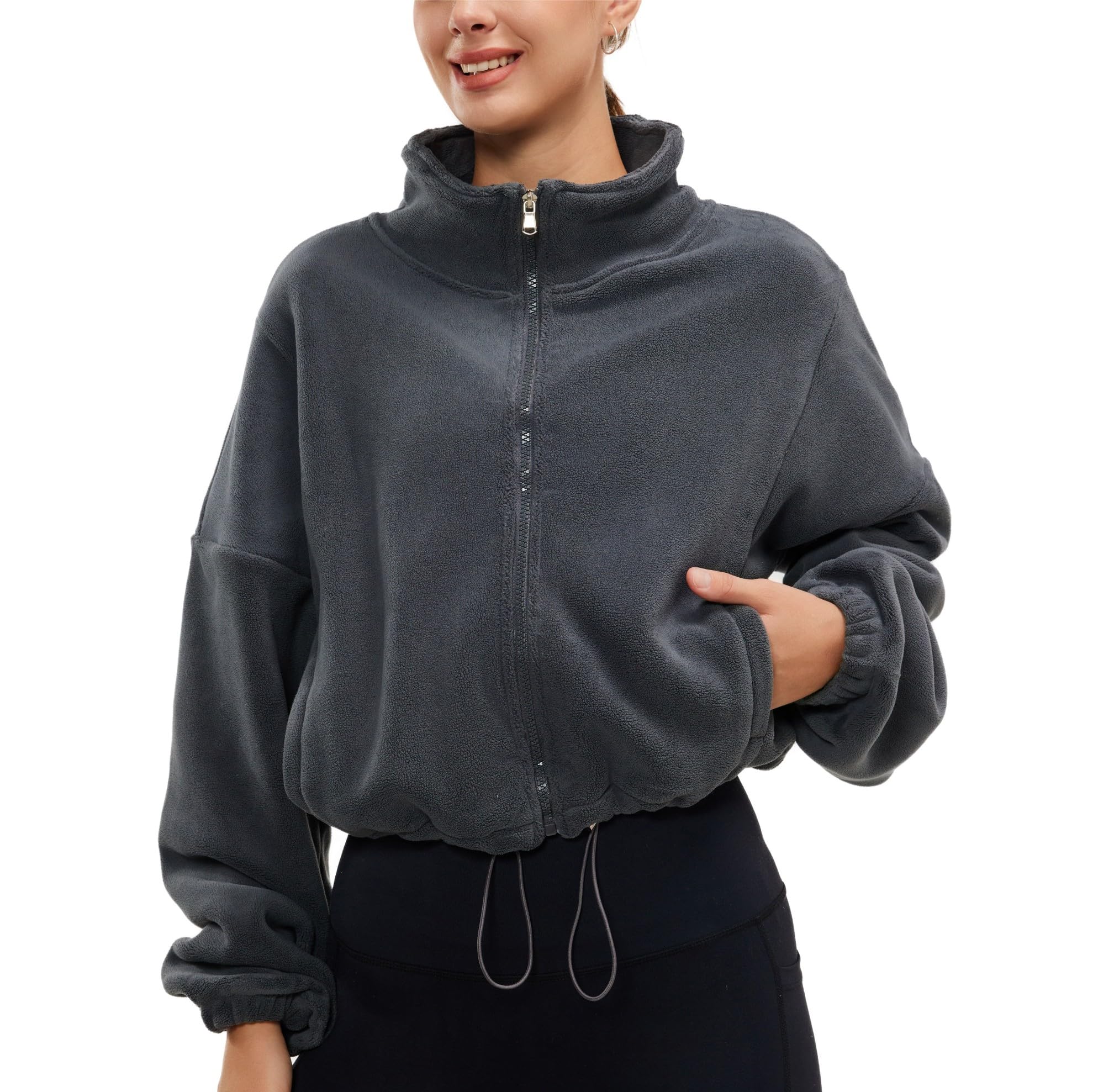 Women's Winter Fleece Sherpa Cropped Bomber Jacket - Oversized Cozy Sweatshirt for Cold Weather - Perfect for Casual Outfits, Streetwear & Outdoor Activities