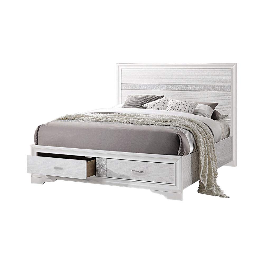 Benjara Contemporary Queen Size Bed Frame with Storage Drawers & Glittering Stripes - White Modern Bedroom Furniture for Master Bedroom or Guest Room