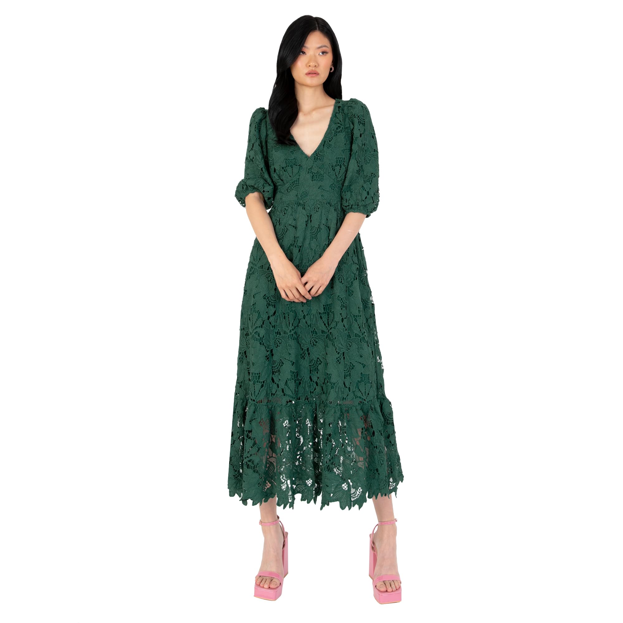 Maya Deluxe Women's Midaxi Dress with V Neckline & Puff Sleeves - Elegant Lace A-Line Bridesmaid Dress for Wedding Guest, Cocktail Party, Prom & Evening Occasions - Emerald Green, Size 30 - Perfect for Formal Events, Date Nights & Special Celebrations