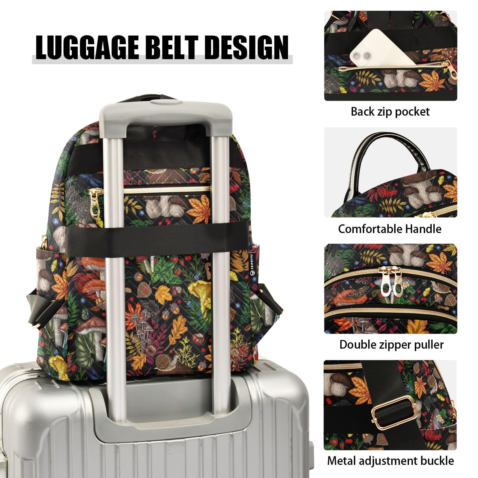 Stylish Women's Backpack with Mushroom Plant & Insect Print - Durable Rucksack for School, College & Outdoor Adventures