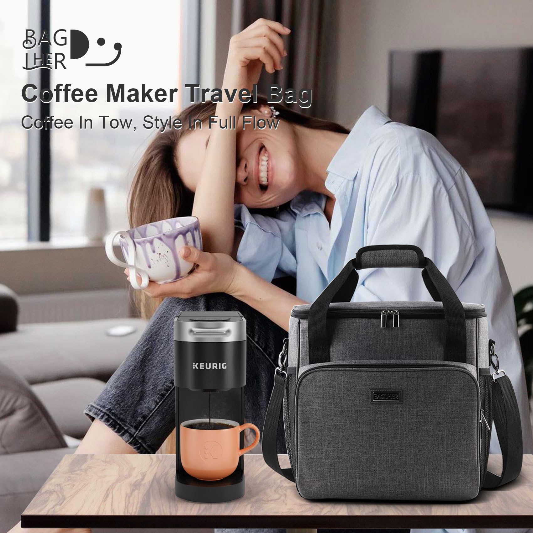 Premium Travel Coffee Maker Bag - Compatible with Keurig K-Slim & K-Supreme, Portable Keurig Case with Adjustable Shoulder Strap | Compact Design for Commuting, Camping & Office Use (Grey)
