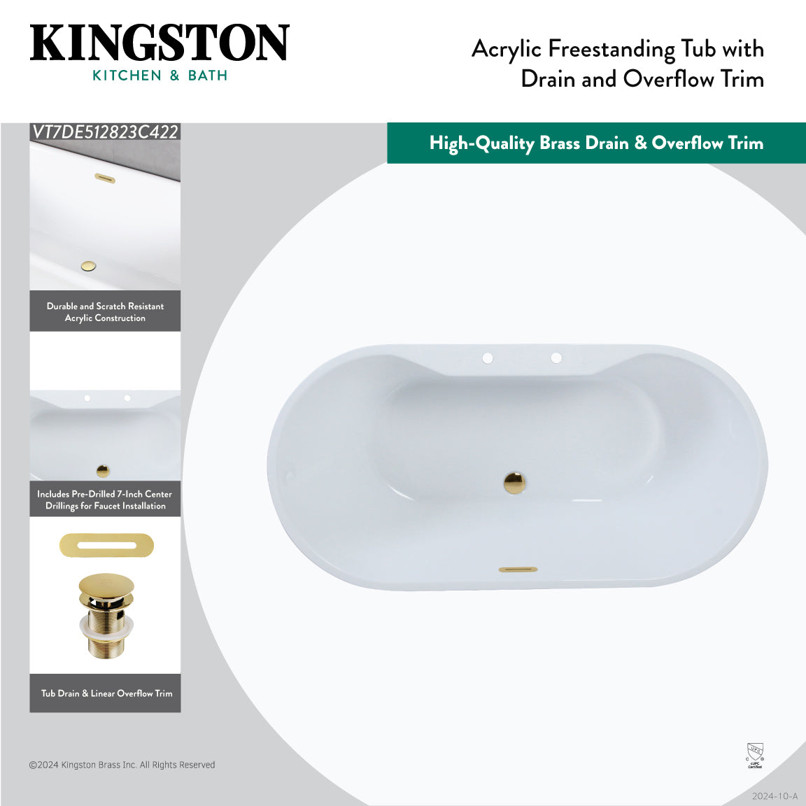51 Inch Acrylic Oval Freestanding Bathtub - Glossy White with Antique Brass Drain - Double Ended Soaking Tub for Luxury Bathroom & Spa Relaxation at Home
