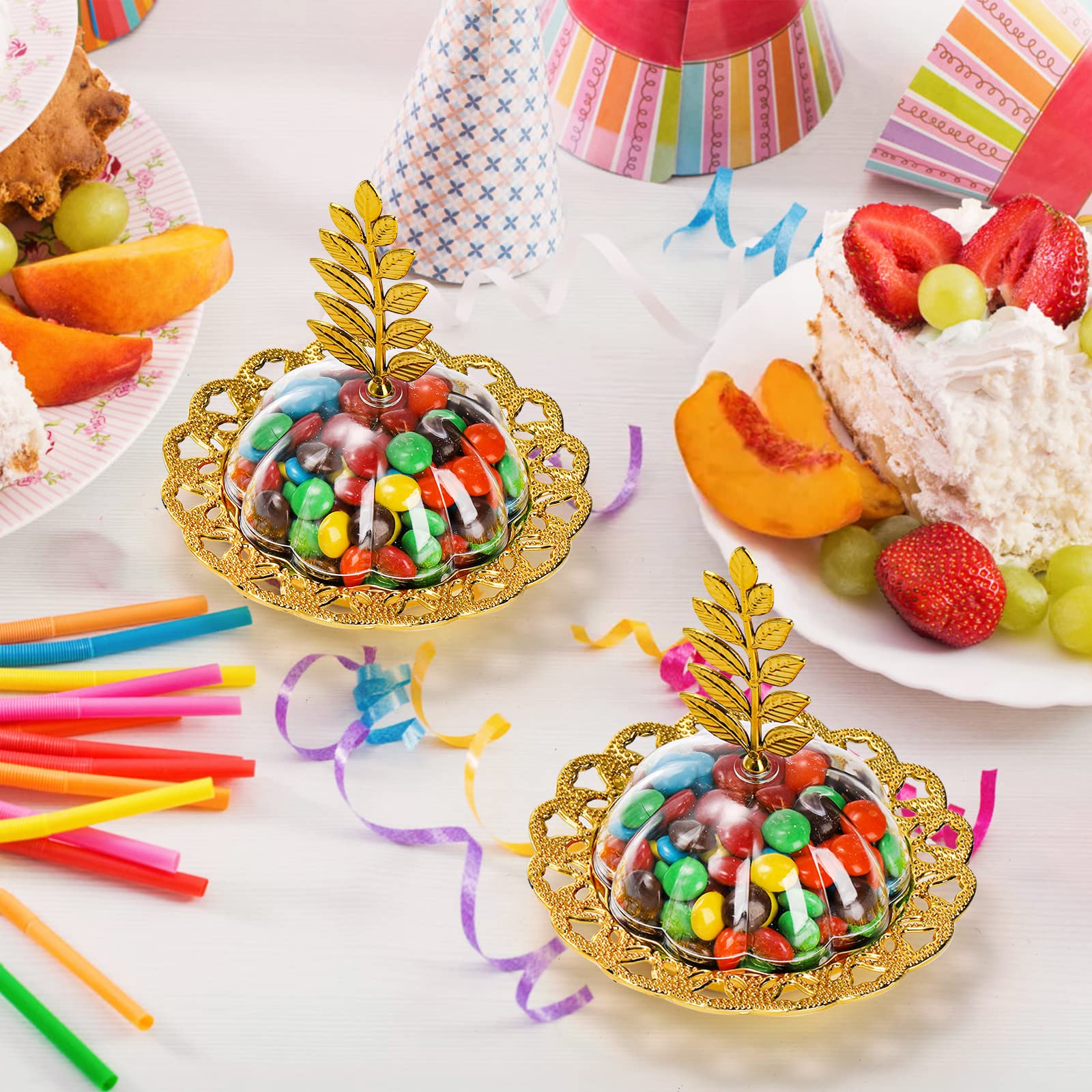 24 Pack Gold Decorative Plastic Candy Storage Containers with Leaf Dome - Fillable Party Favor Candy Boxes for Chocolates, Cake Desserts, Baby Showers & Birthday Parties - Perfect for Wedding Favors, Holiday Treats & Classroom Rewards
