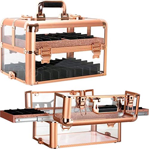Rose Gold Acrylic Makeup Organizer Tray - Professional Cosmetic & Nail Storage Case with Foundation Holder - Easy Slide Design for Vanity, Salon & Travel (VP014)