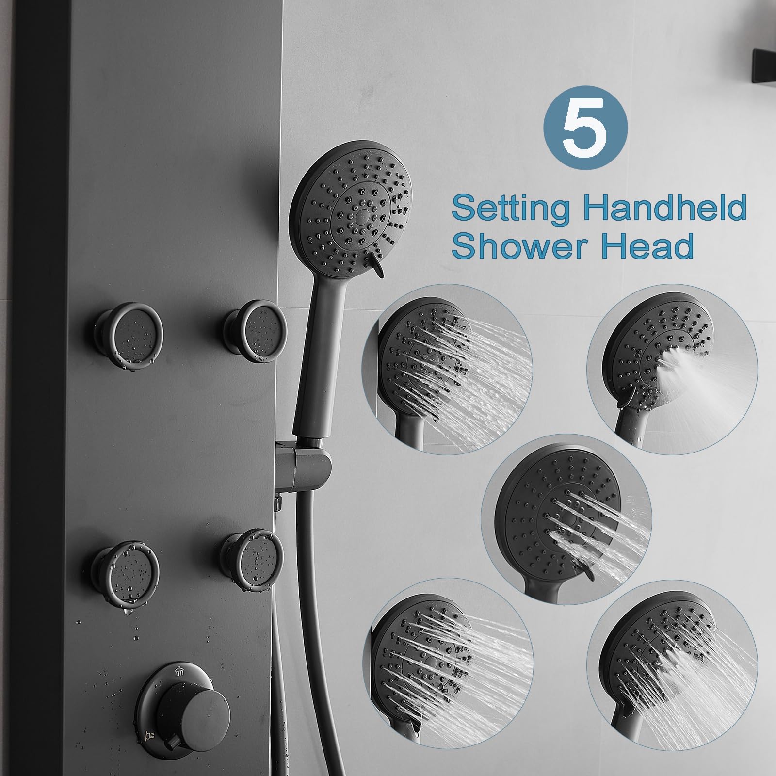 Homevacious Matte Black Stainless Steel Shower Panel System - Adjustable Rainfall Shower Head with 6 Body Jets & 4-Setting Handheld Shower | Wall Mounted Bathroom Spa Experience for Full Body Relaxation | Perfect for Master Bathrooms, Luxury Showers & Modern Home Renovations