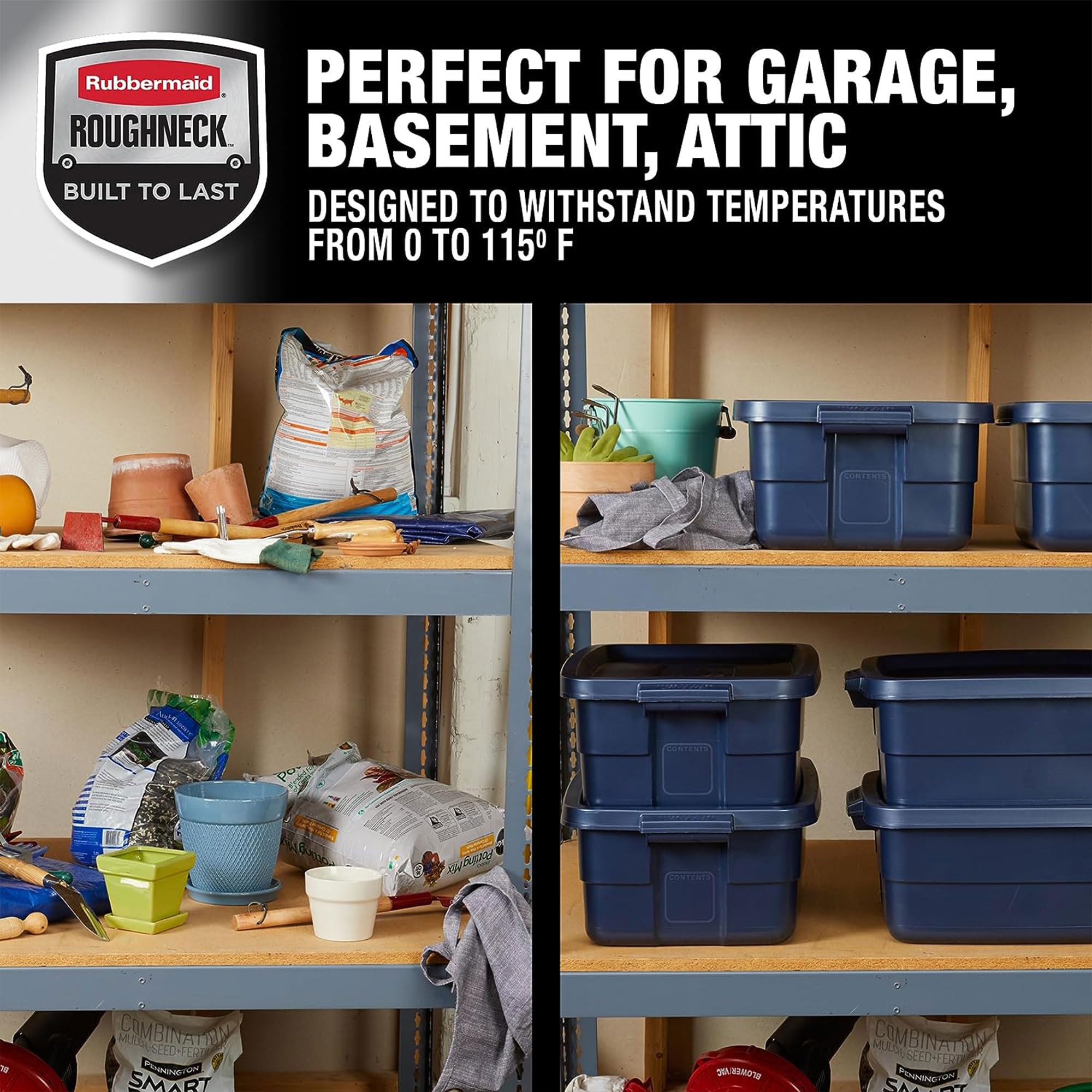 Rubbermaid Roughneck 10 Gallon Storage Totes - Heavy Duty Stackable Plastic Bins with Secure Latching Lids for Home Organization (Dark Indigo Metallic) - Perfect for Garage, Basement & Closet Storage Solutions