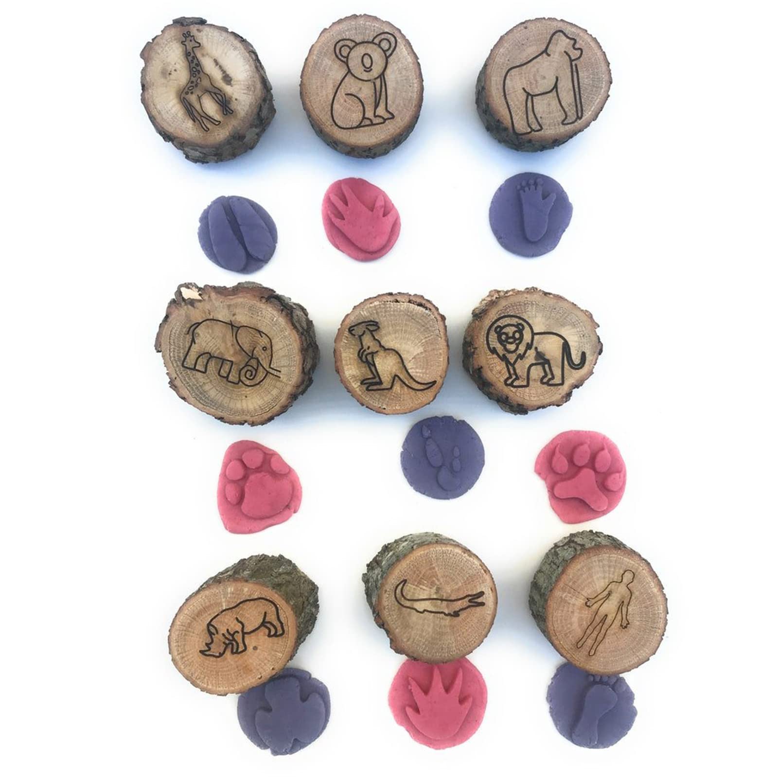 9-Piece Jungle Animal Tracks Stamp Set for Playdough & Clay - Wooden Handmade DIY Craft Stamps with Animal Footprint Patterns (1.2 Inch) - Perfect for Kids Art Projects, Sensory Play & Educational Activities