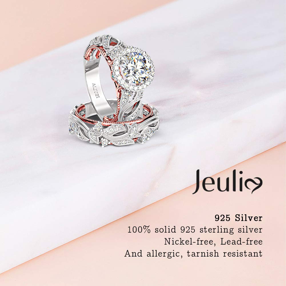 Jeulia 4 Carat Openwork Wedding Ring Set for Women - 925 Sterling Silver & Rose Gold Round Cut Halo Engagement Ring with White Diamond & CZ Solitaire Band - Anniversary, Promise Rings for Bridal, Proposal, Valentine's Day Gift
