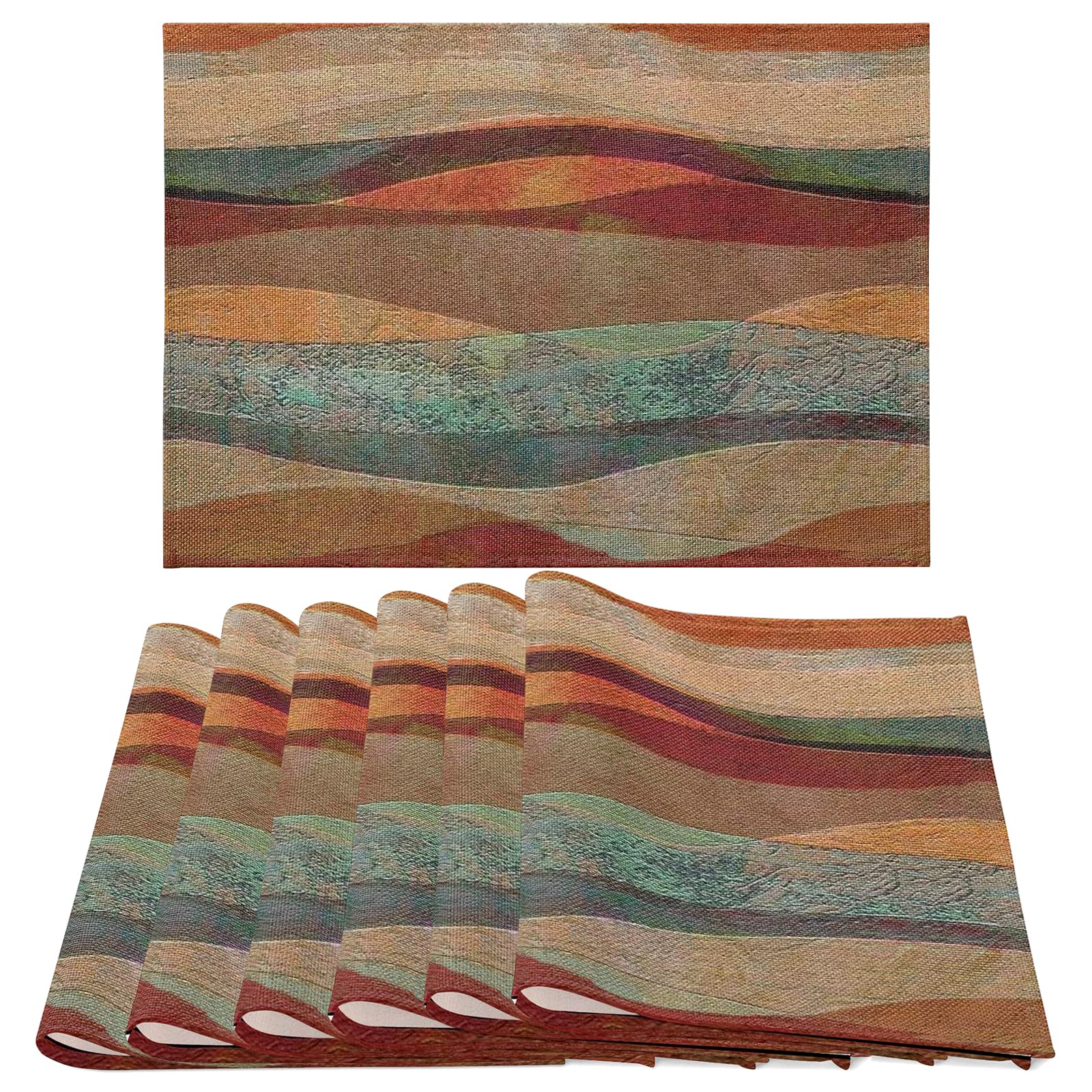 6-Piece Southwest Arizona Travertine Sandstone Placemats Set - Non-Slip, Heat Resistant, Washable Linen Table Mats with Turquoise Stripes for Farmhouse Kitchen Decor | Perfect for Holiday Parties, Dining Tables & Home Entertaining