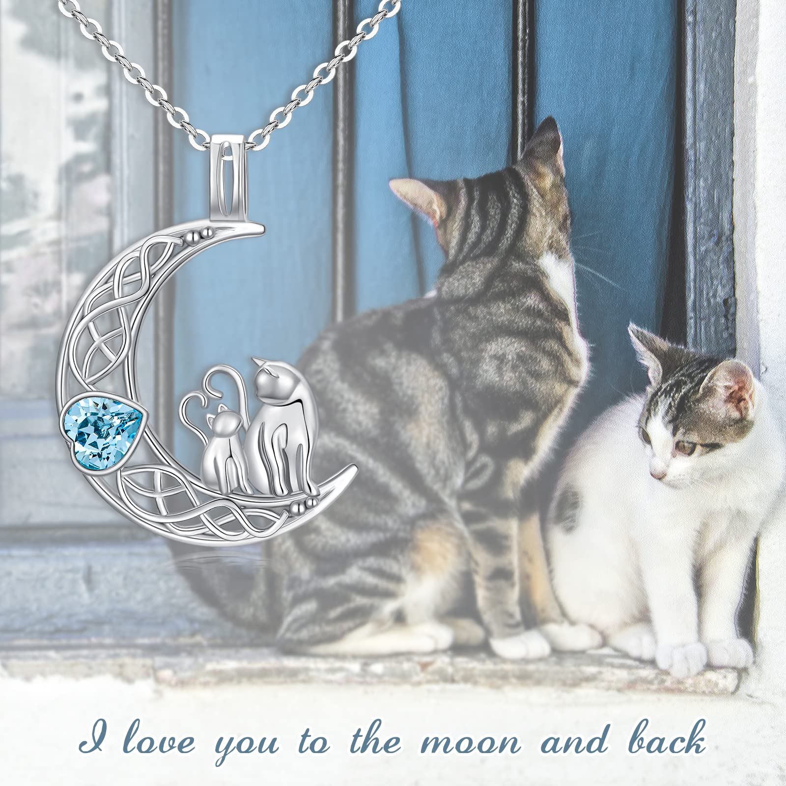 925 Sterling Silver Cat Necklace with Blue Crystal - Moon Cat Pendant Jewelry for Women, Perfect Gift for Cat Lovers, Mothers & Daughters | Elegant Everyday Wear, Birthday Present & Special Occasion Gift