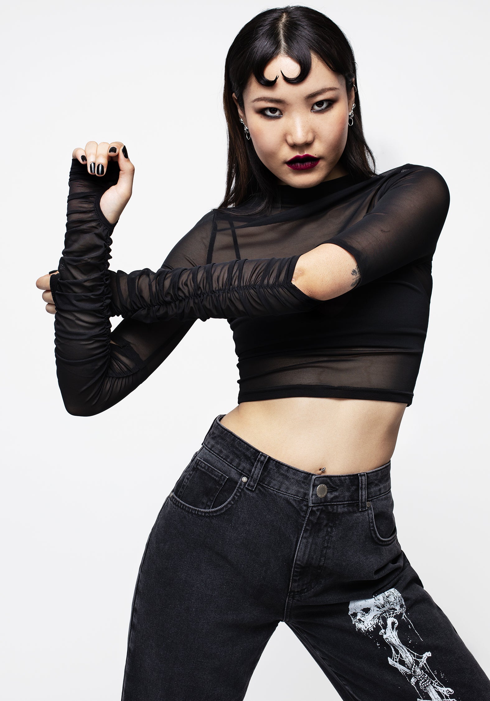 Jupiter Mesh Gathered Long Sleeve Crop Top for Women - Sexy Sheer See-Through Blouse for Party, Club & Night Out
