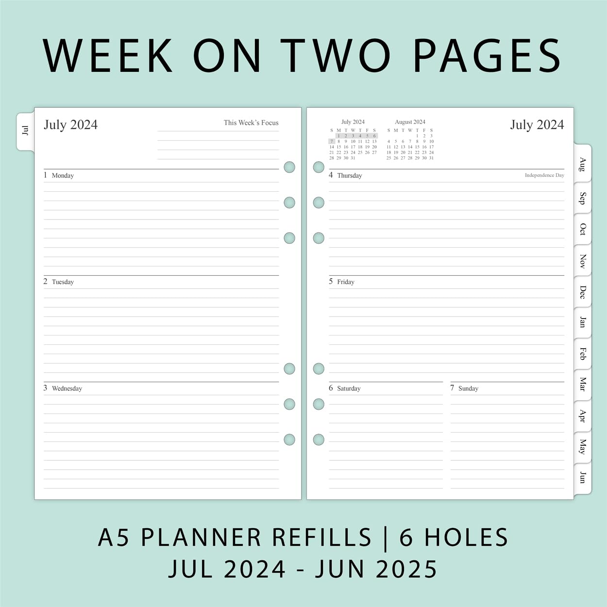 Newestor 2024-2025 Planner Refill - Weekly & Monthly Calendar from July 2024 to June 2025 - 6-Hole Punched for A5 Ring Binder - Perfect for Office, School, and Personal Organization