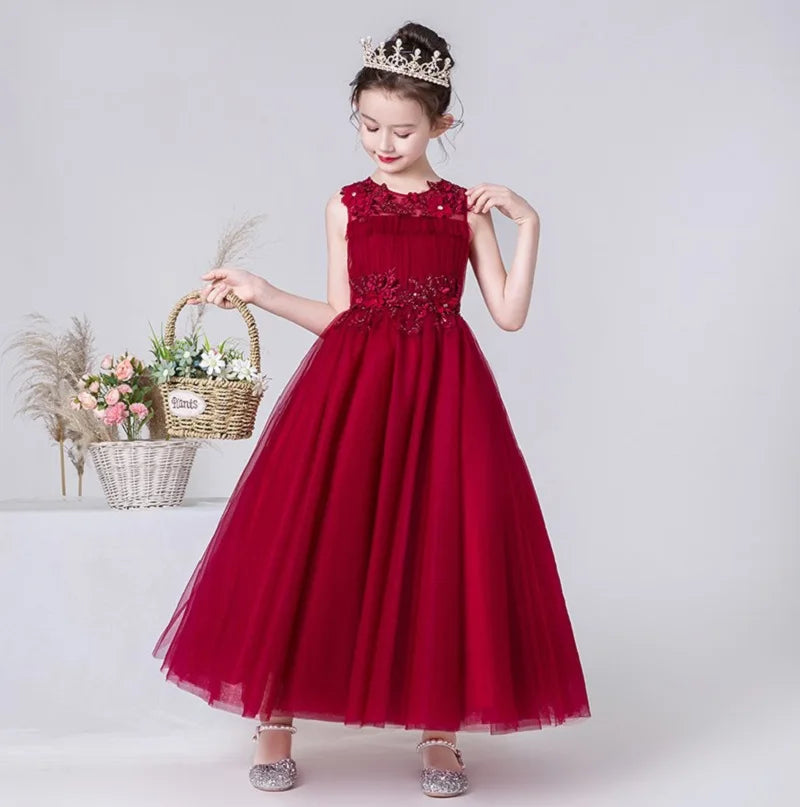 Elegant Red Tulle Flower Girl Dress with Floral Appliques - Perfect for Weddings, Parties & First Communion Ceremonies