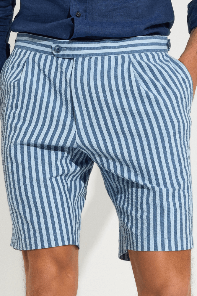 Oliver Men's Casual Shorts - Blue Stripe Seersucker Summer Shorts for Beach, Vacation & Outdoor Activities