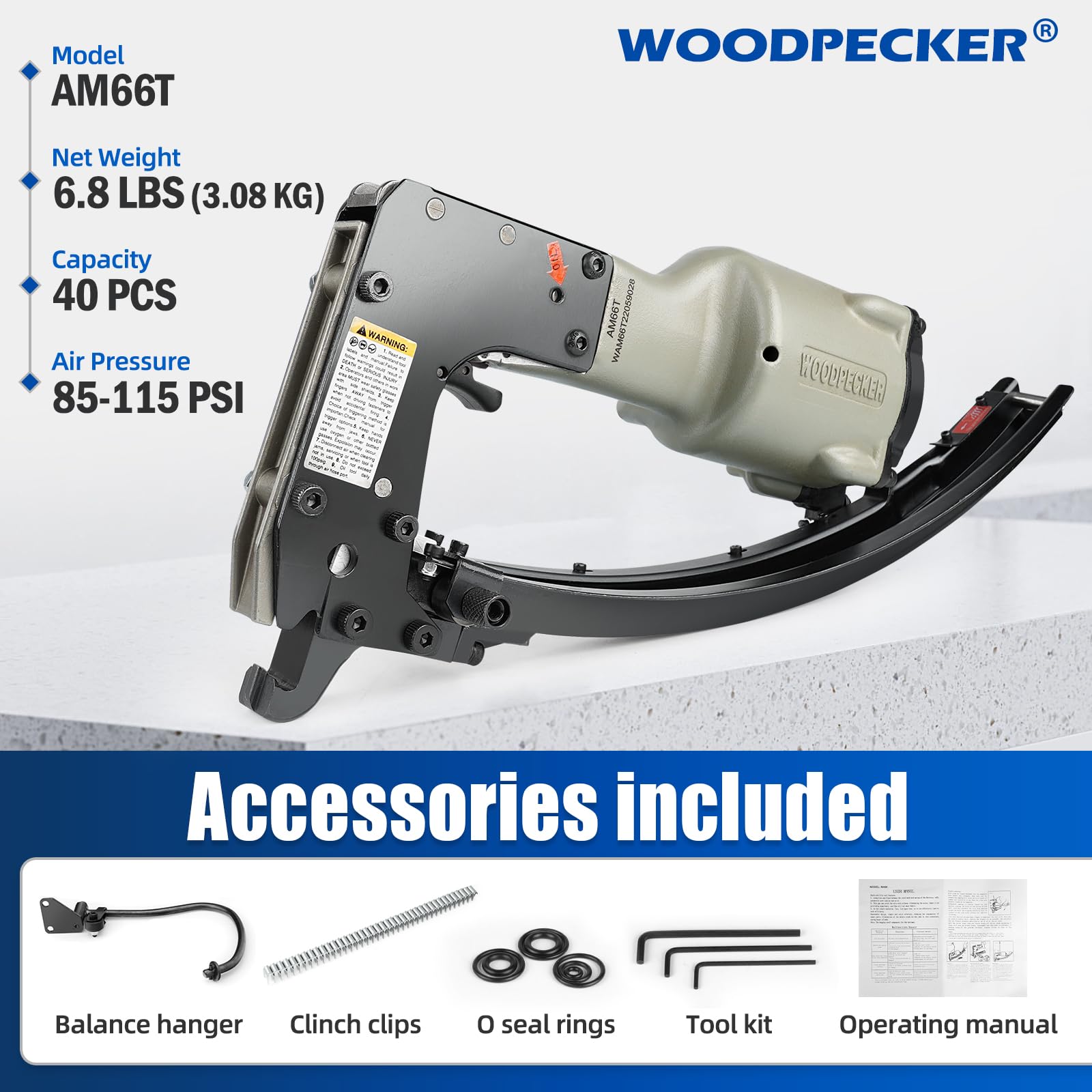 Woodpecker AM66T Pneumatic Clinching Clipper Tool - Heavy Duty Fastening Tool for Mattress, Wire Binding & Spring Repair | Ideal for Upholstery, Furniture Making & Bedding Manufacturing