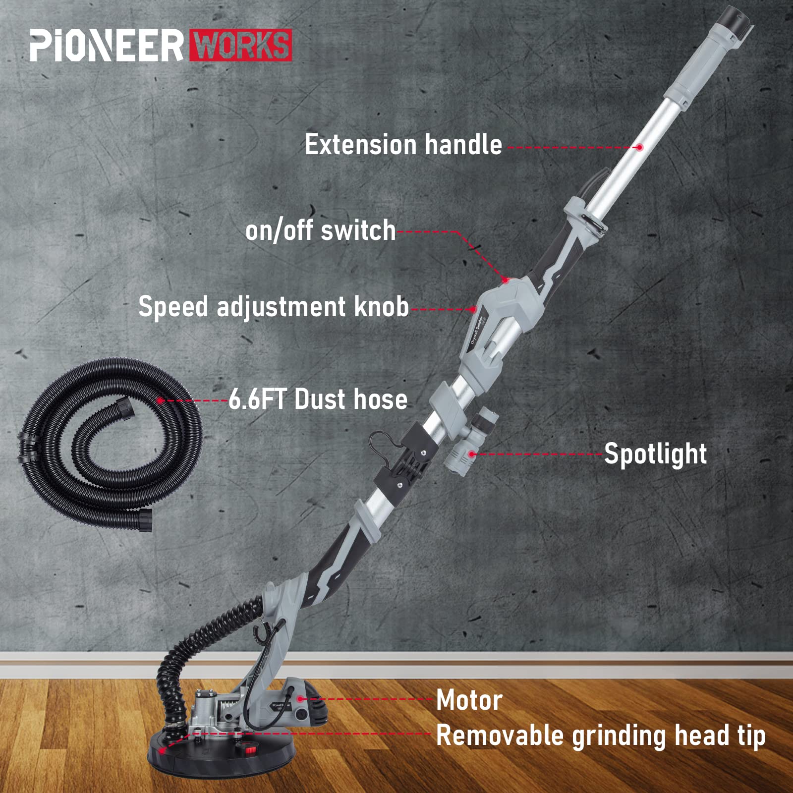 710W Electric Drywall Sander with 6 Sanding Discs - Variable Speed 800-1700 RPM, LED Light, Extendable Handle & Carrying Bag - Perfect for Home Renovation, Wall Smoothing and DIY Projects