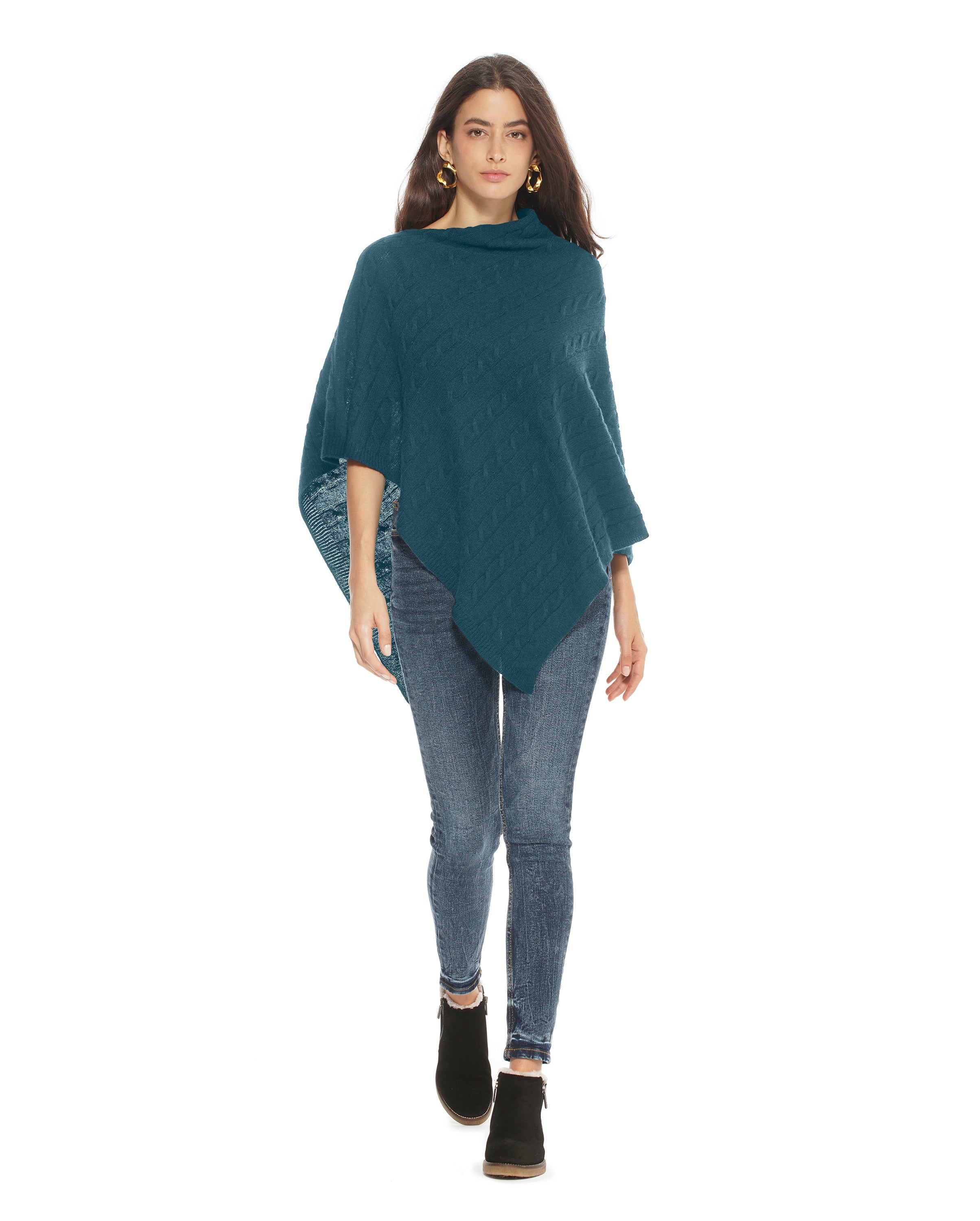 Women's Pure Cashmere Cable Knit Poncho - Soft Forest Green Winter Wrap Shawl for Cozy Outdoors & Holiday Gatherings