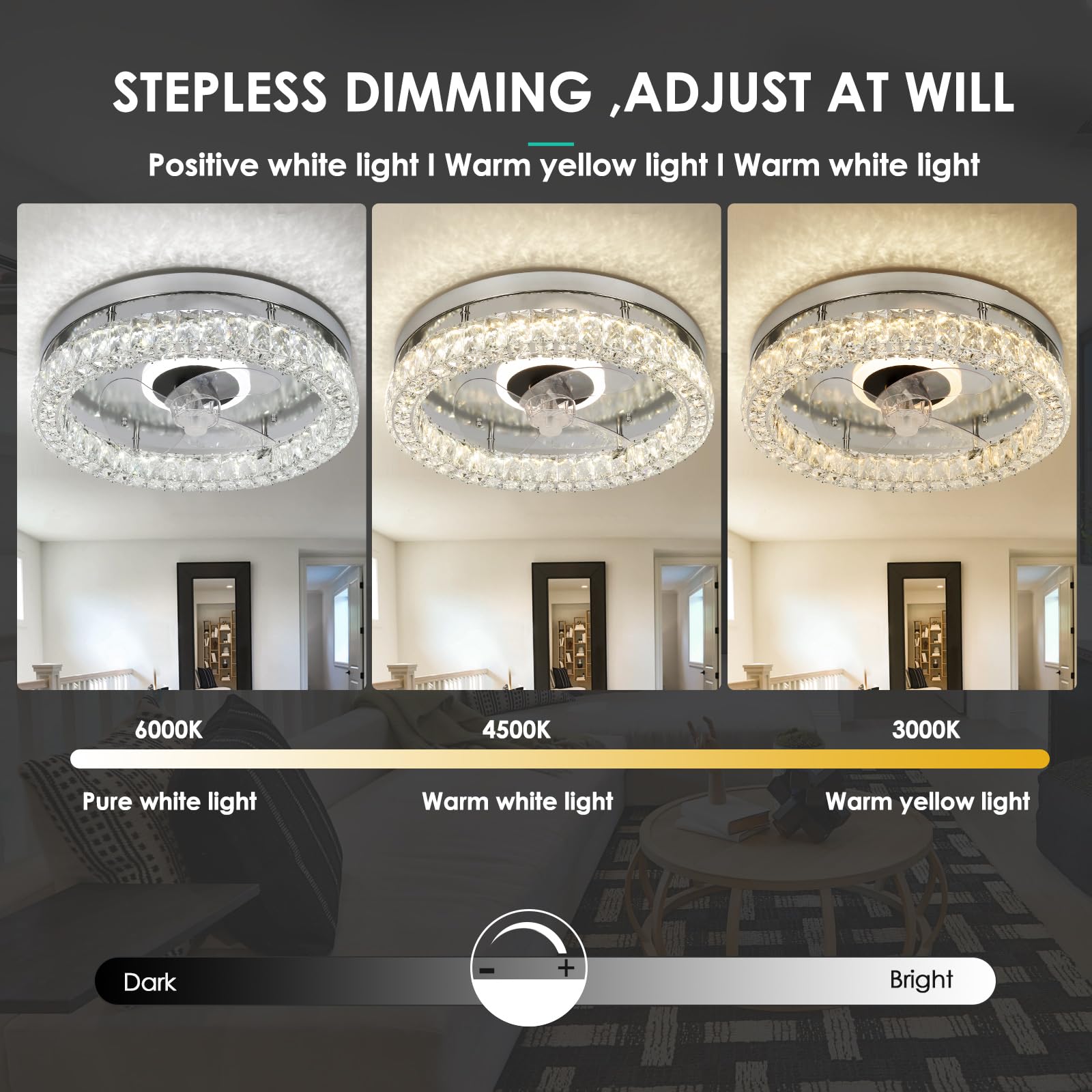 CLAIRDAI Modern Crystal Flush Mount Ceiling Fan with Lights - Remote Control, Dimmable LED Fandelier, Low Profile Design (Chrome) - Perfect for Bedroom, Living Room & Dining Room Lighting