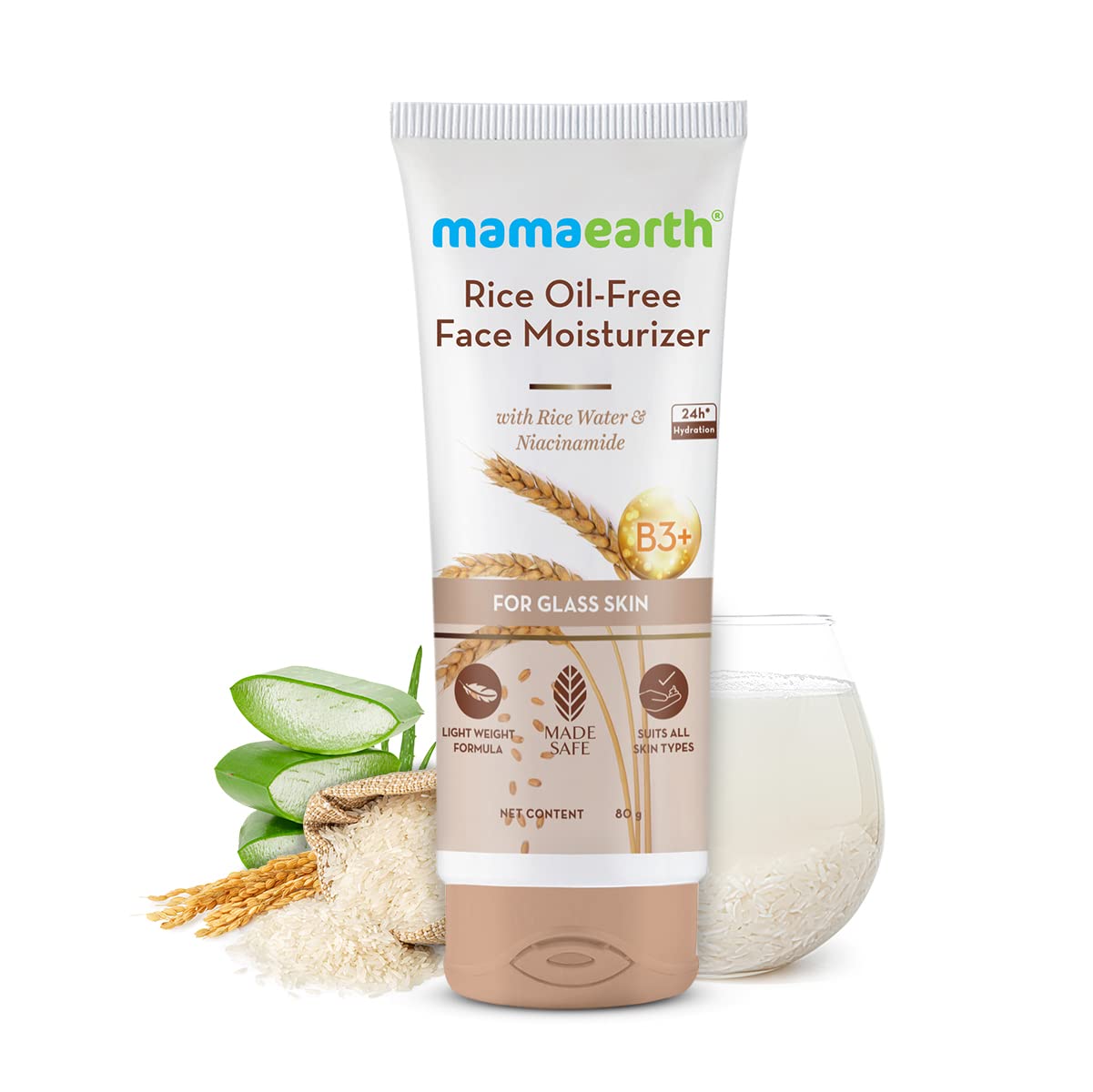 Mamaearth Rice Water & Niacinamide Oil-Free Face Moisturizer for Oily Skin | 24-Hour Hydration & Brightening Cream | Glass Skin Solution | 80g | Perfect for Daily Skincare Routine & Makeup Prep