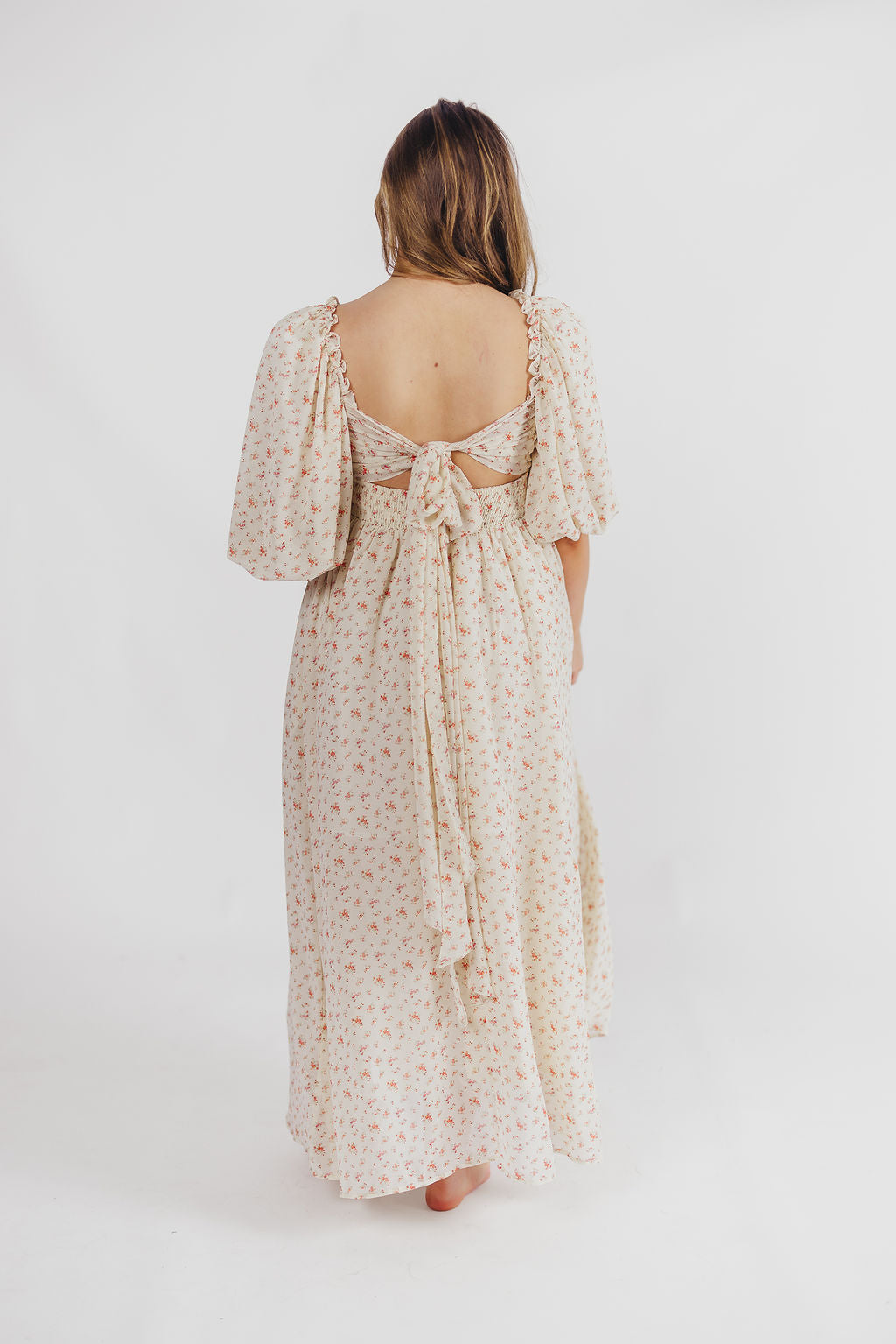Melody Maxi Dress with Pleats & Bow Detail - Ivory Floral Print Maternity Dress | Bump Friendly & Inclusive Sizing (S-3XL) | Perfect for Weddings, Baby Showers & Summer Events