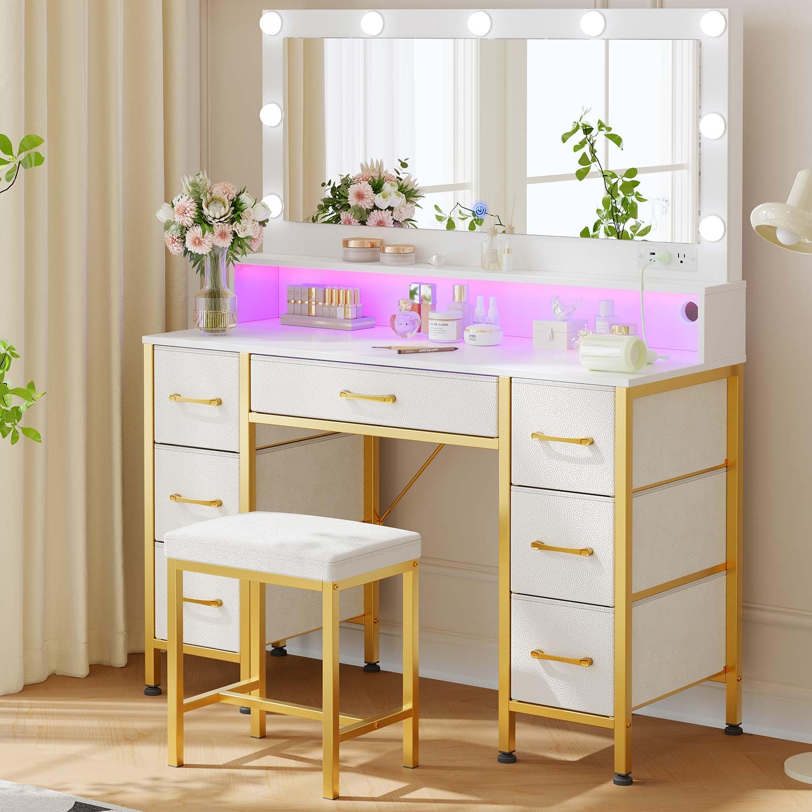Rolanstar White and Gold Vanity Desk with Mirror & LED Lights - Makeup Vanity Set with Upholstered Stool, 7 Fabric Drawers, 9 LED Bulbs & Power Outlets - RGB Strip Lighting for Bedroom, Dressing Room & Beauty Salon