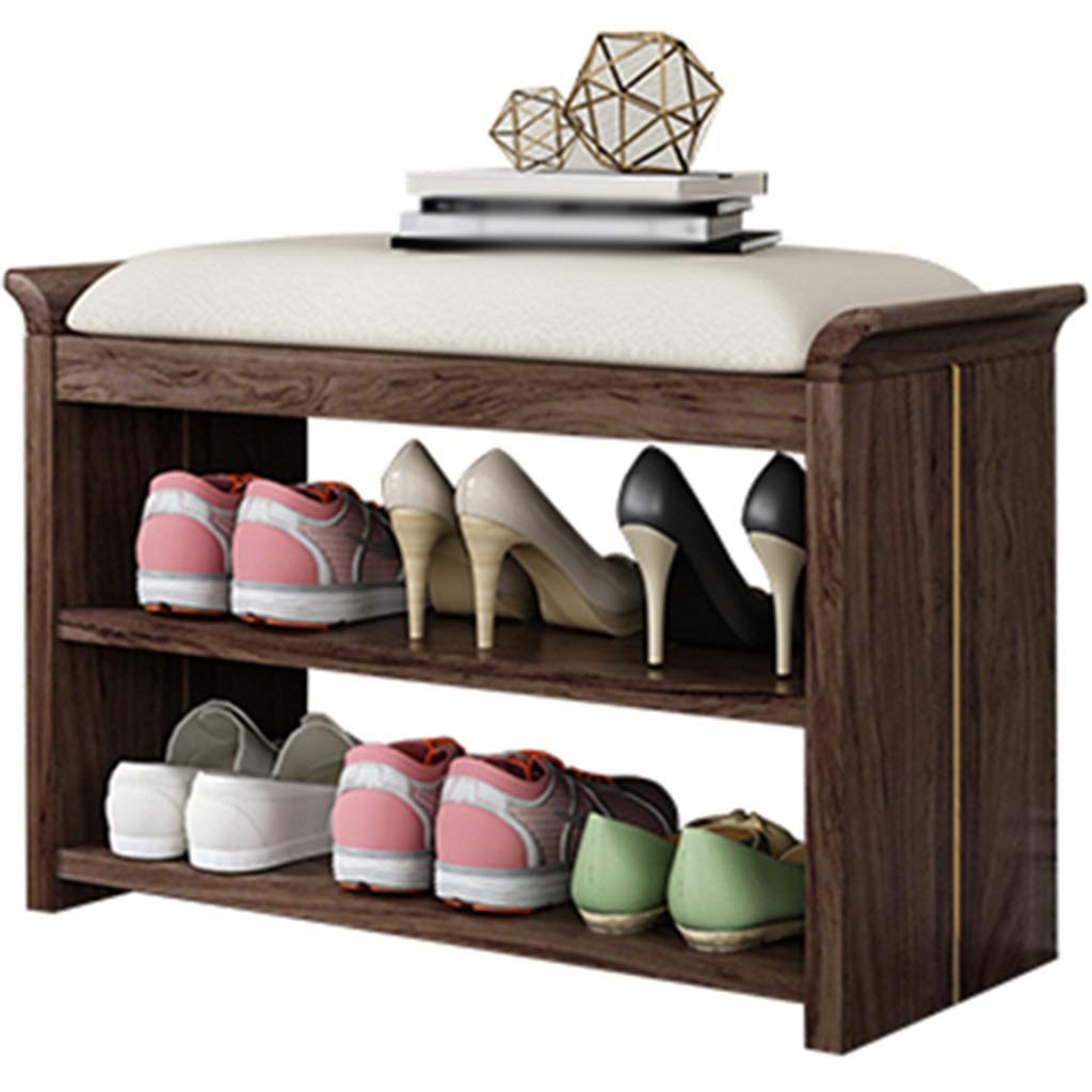 Vintage Solid Wood Shoe Bench with Leather Cushion - 2-Tier Entryway Shoe Rack, Bedroom Footstool & Storage Drawer (Brown, 70x30x45cm) - Perfect for Hallway Organization & Bedside Comfort