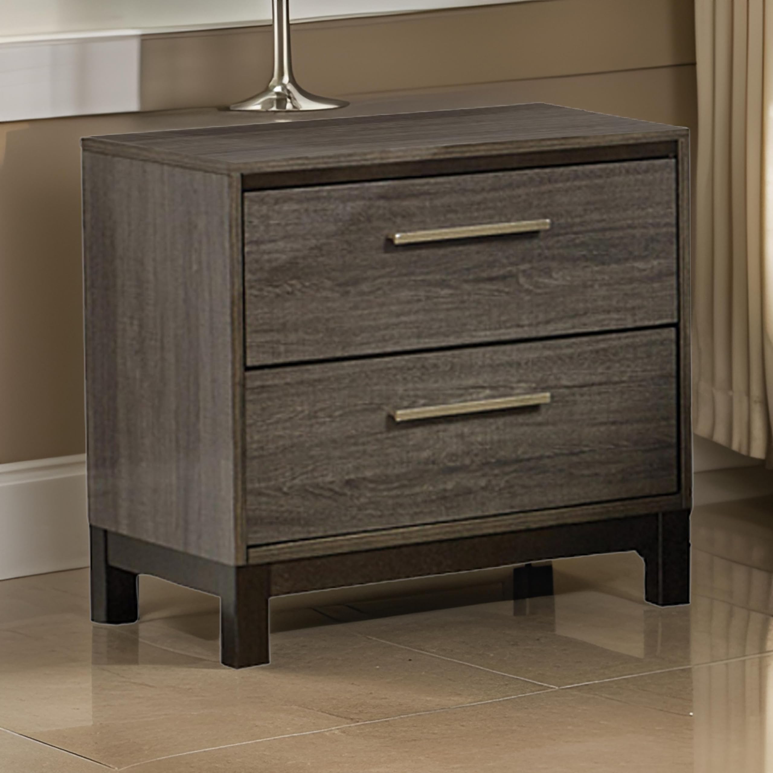 Benjara 2 Drawer Wooden Nightstand with Straight Legs - Gray and Brown Bedside Table for Bedroom, Living Room & Office