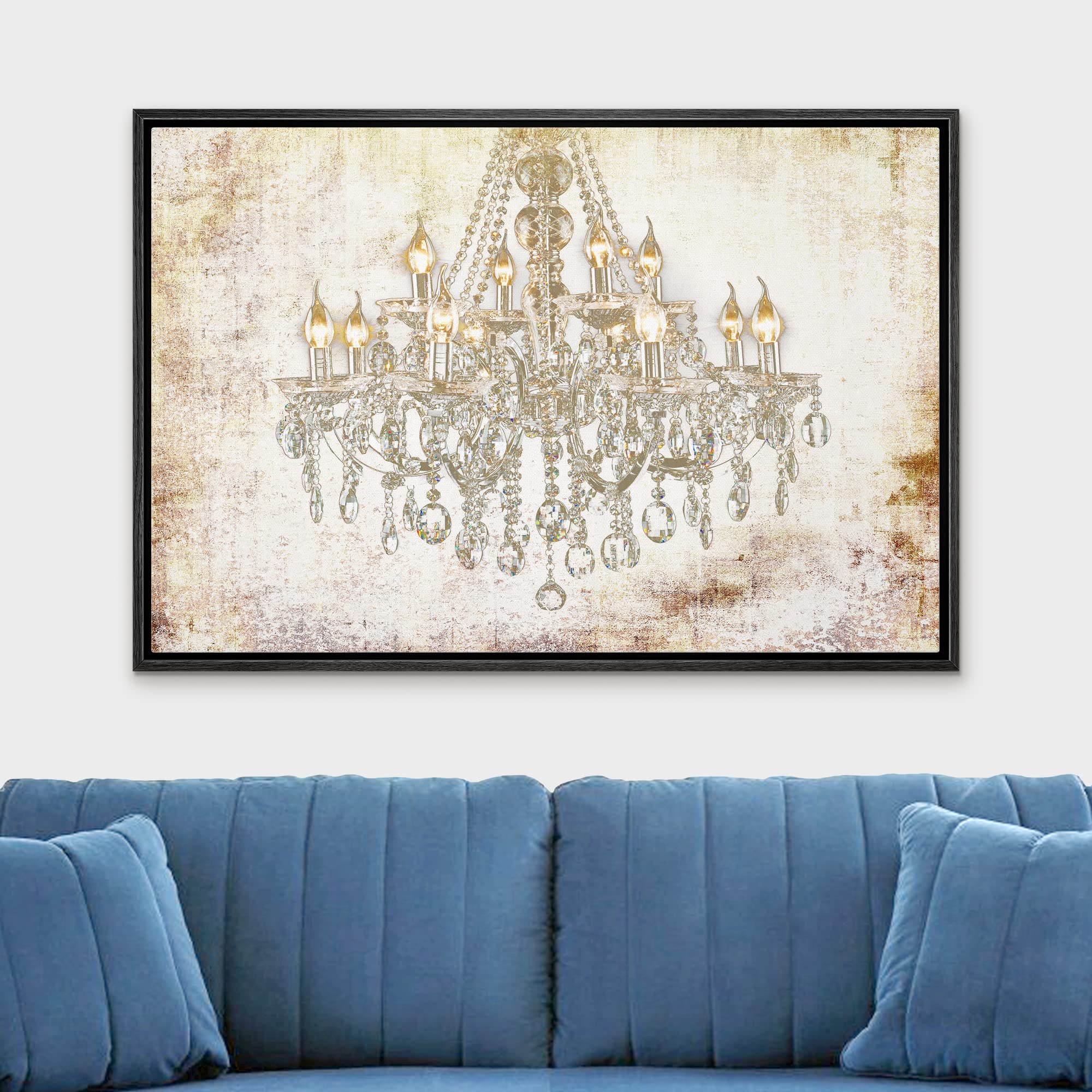 Wall26 Framed Canvas Print - Crystal Chandelier on Grunge Background Modern Wall Art, Digital Art Decor for Living Room, Bedroom, Office - 24x36 Inches Black Frame - Perfect for Home Decor, Relaxing Spaces & Modern Interiors