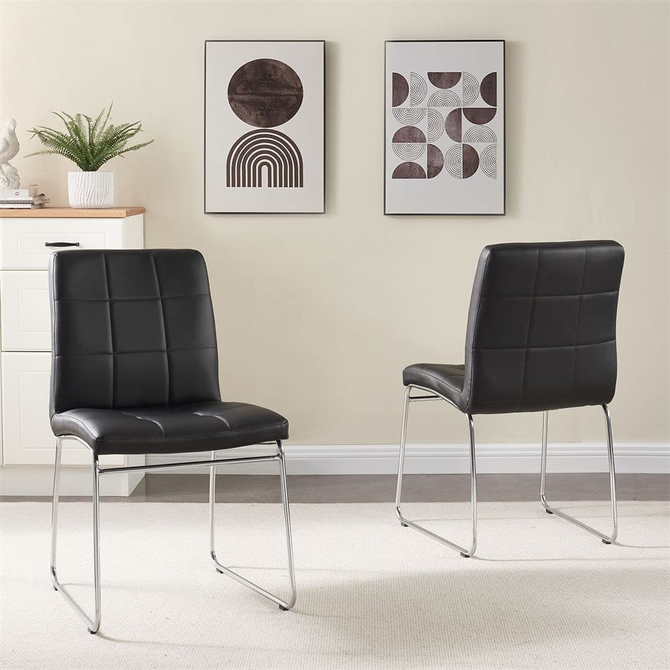 Modern Dining Chairs Set of 2 - Faux Leather Padded Checkered Pattern Seats with Chrome Sled Legs - Elegant Kitchen & Dining Room Side Chairs for Home, Restaurant, and Office Use