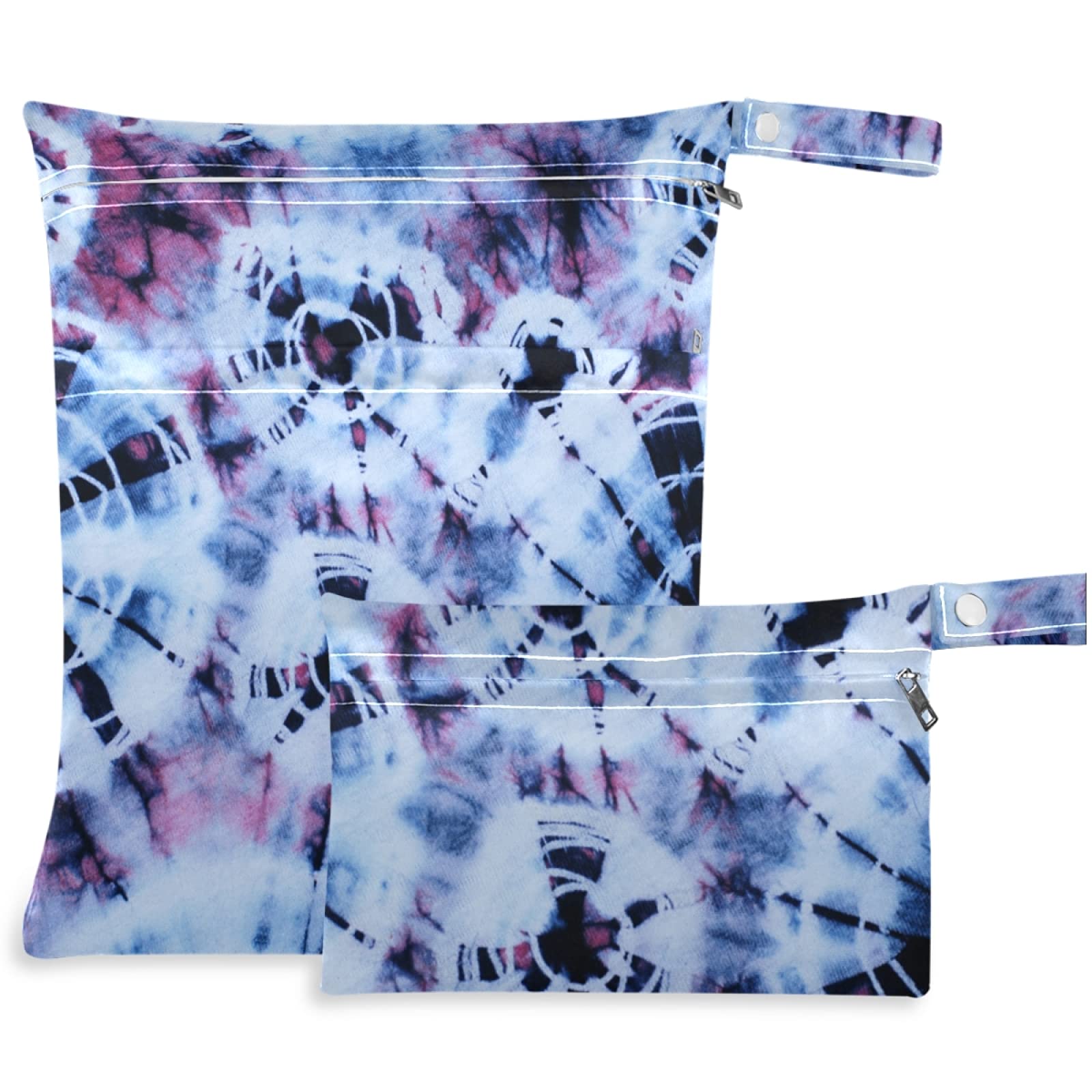 Visesunny Tie Dye Pattern 2Pcs Wet Bags with Zippered Pockets - Washable Reusable Roomy Diaper Bag for Travel, Beach, Daycare & Gym - Perfect for Storing Diapers, Wet Swimsuits, Dirty Clothes & Toiletries - Ideal for Moms, Swim Lessons & Sports Activities