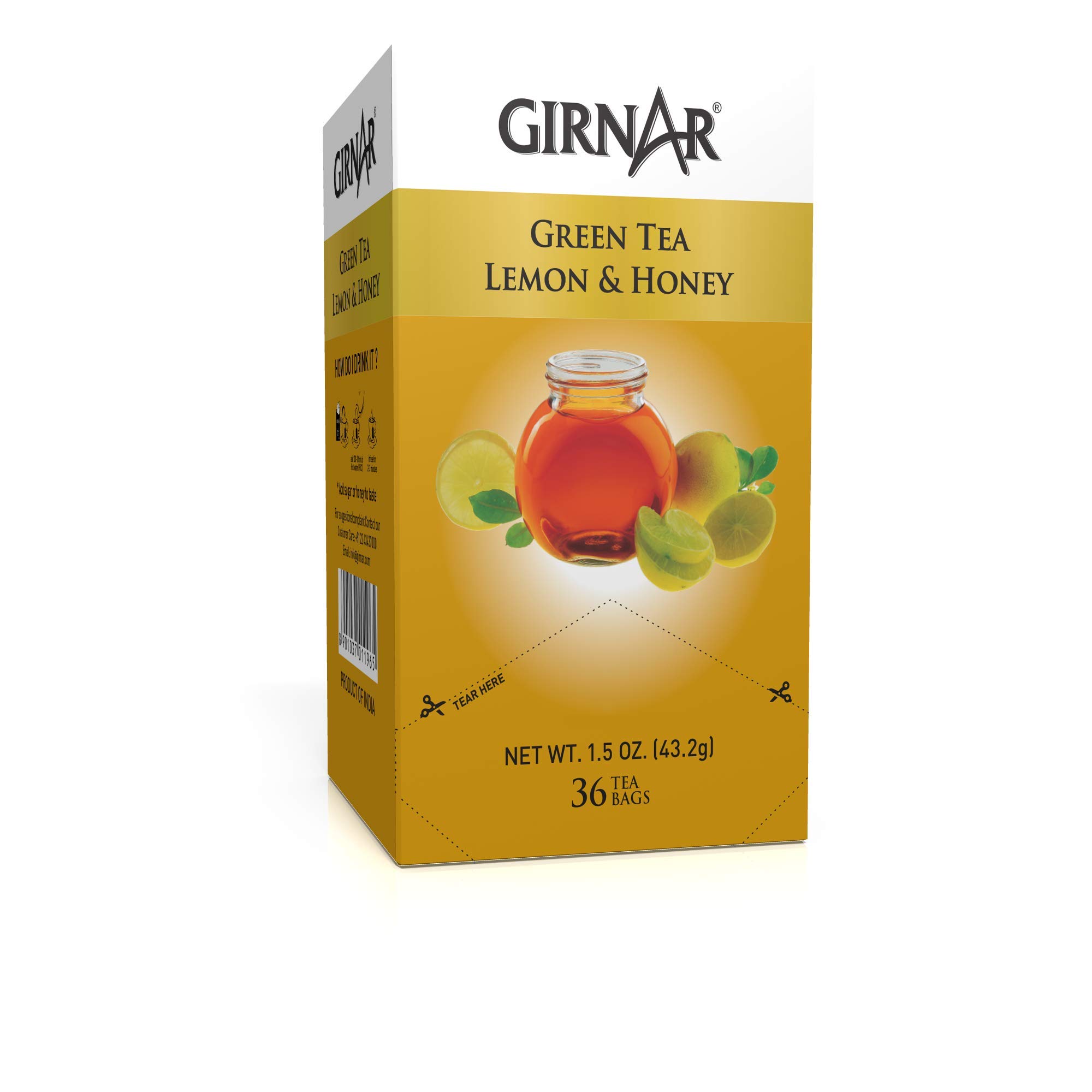 Girnar Green Tea Bags with Lemon & Honey - 36 Count | Natural Antioxidant Rich Tea | Perfect for Morning Boost, Afternoon Relaxation & Weight Management