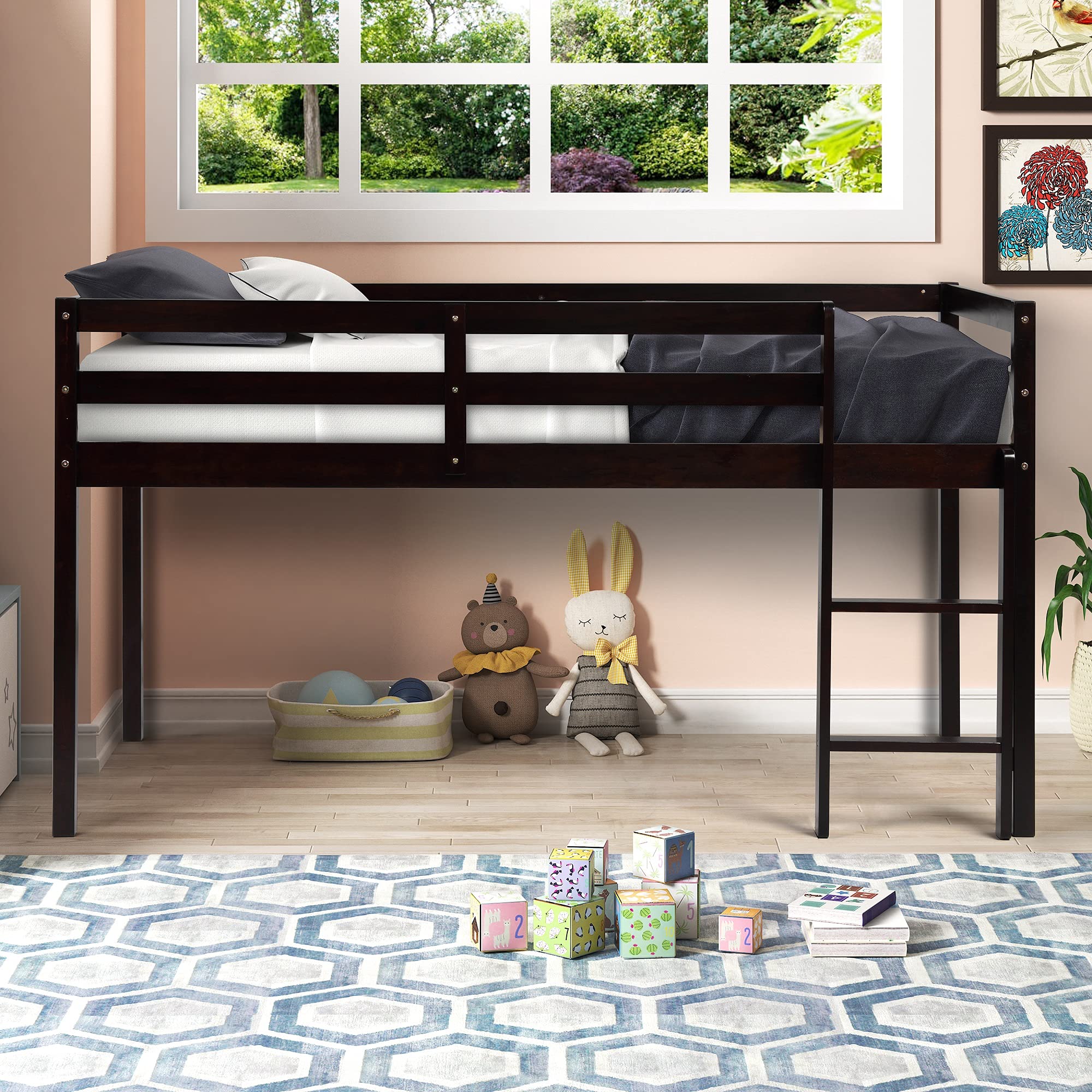 Twin Size Wood Loft Bed with Ladder - Low Bunk Bed for Teens, Kids, Boys & Girls - Sturdy Espresso Bedroom Furniture - Perfect for Small Spaces, Dorm Rooms & Shared Kids' Bedrooms