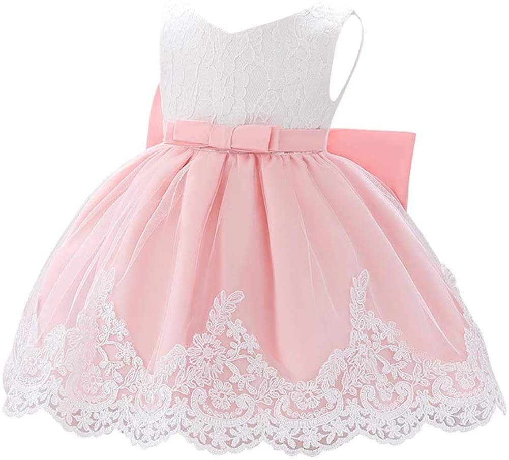 Elegant Baby Christening Dress with Lace & Bowknot - White Baptism Gown for Flower Girls, Pageant & Wedding - Includes Matching Headwear | Perfect for Christenings, First Communions & Special Occasions