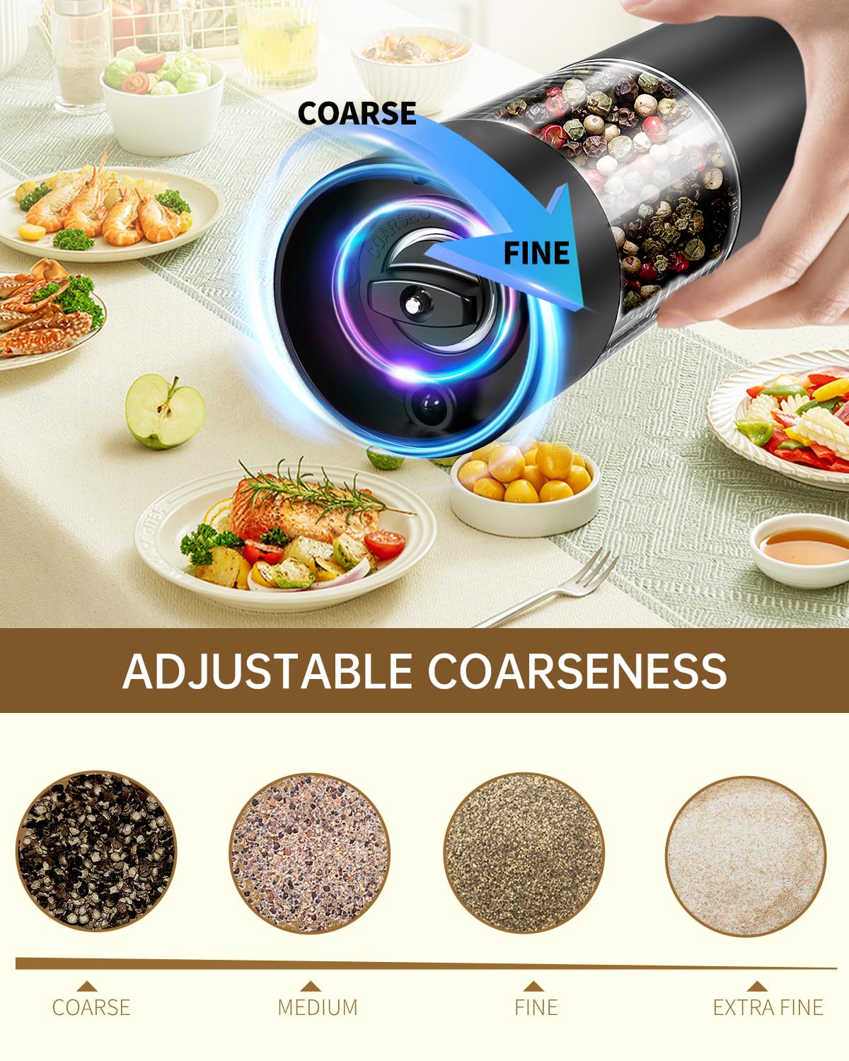 **Rechargeable Electric Salt and Pepper Grinder Set with Adjustable Coarseness & LED Light - 95ml Washable Container, Black - Perfect for Kitchen, Dining & Gourmet Cooking**