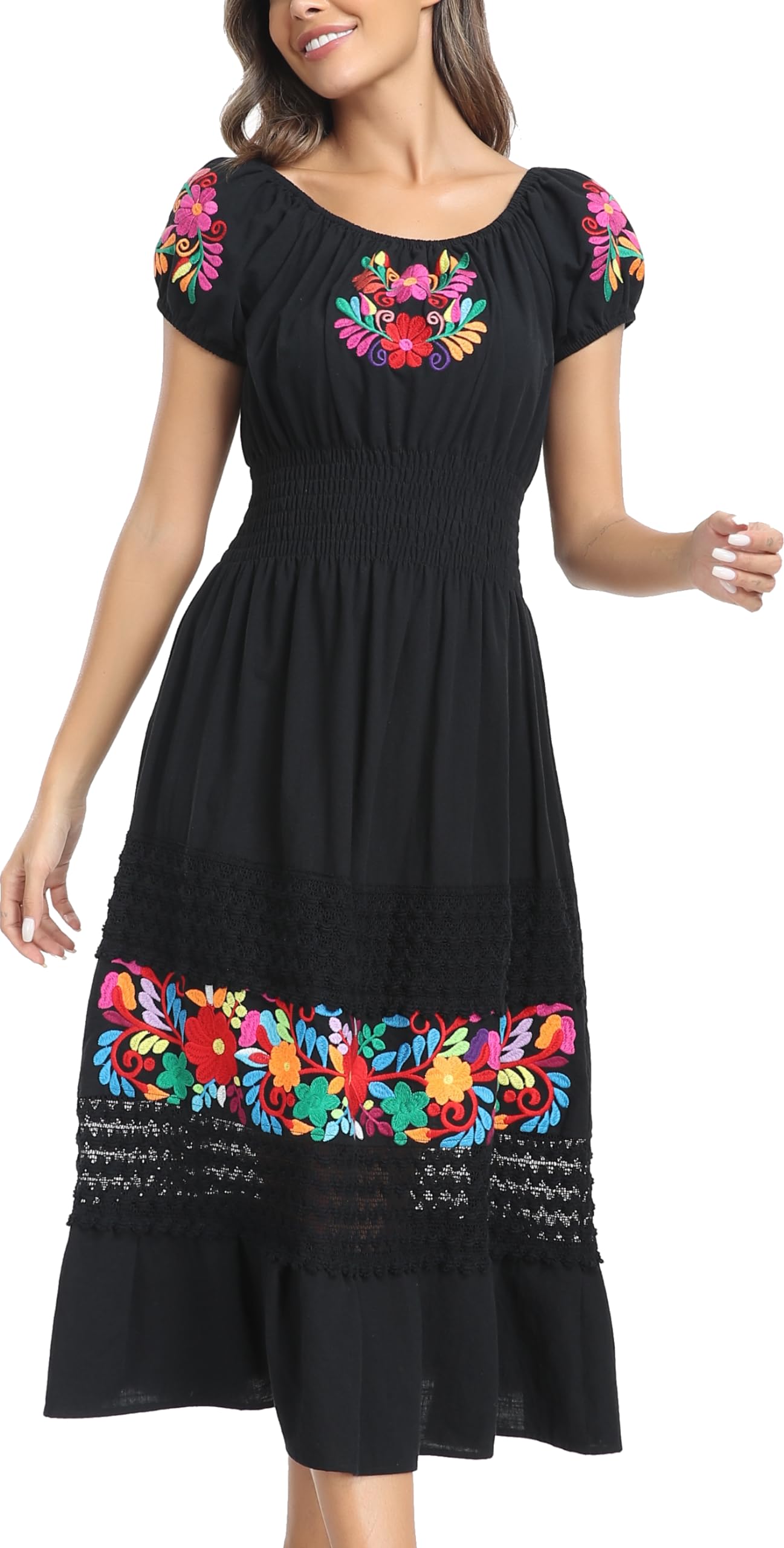 YZXDORWJ Women's Mexican Floral Embroidered Lace Ruffle Maxi Dress - Boho Summer Beach Dress for Vacation, Party & Casual Wear