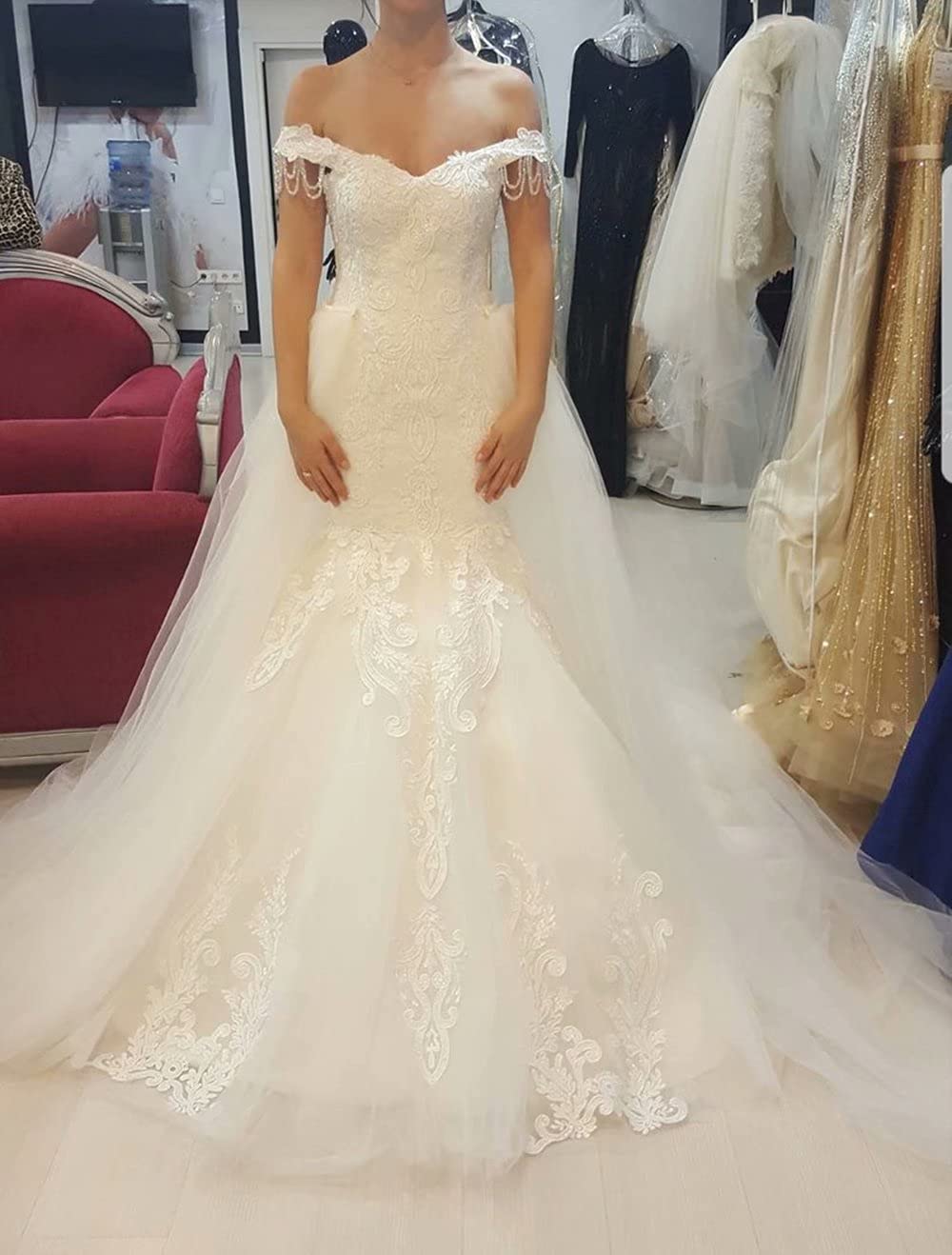 Off The Shoulder Mermaid Wedding Dress with Beaded Appliques & Detachable Train - Elegant Bridal Gown for Beach, Church, and Formal Wedding Ceremonies