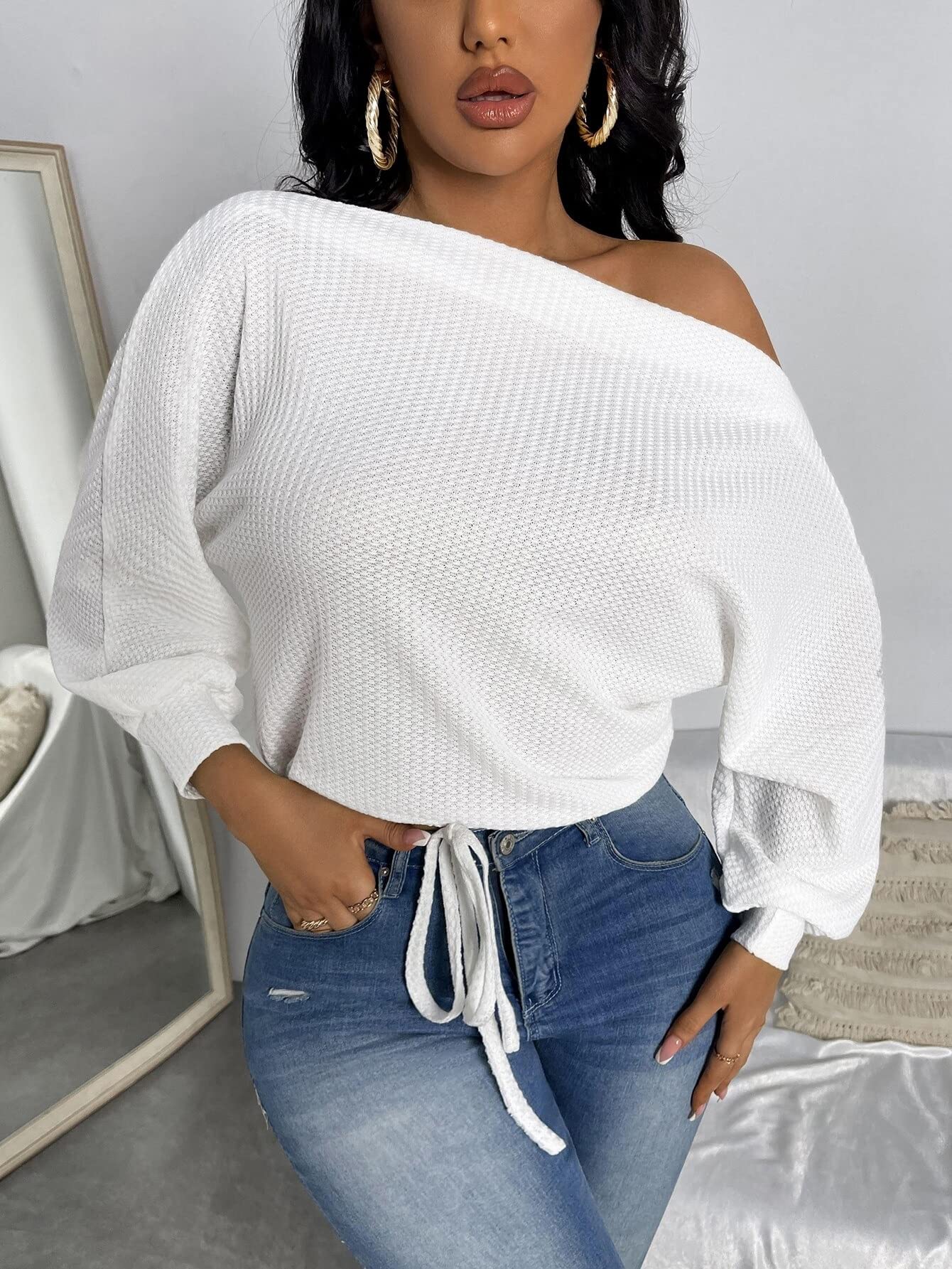 Women's Summer Short Sleeve Waffle Knit T-Shirt - Asymmetrical Neck & Drawstring Hem - Casual Loose Fit Tee for Beach, Travel & Everyday Wear