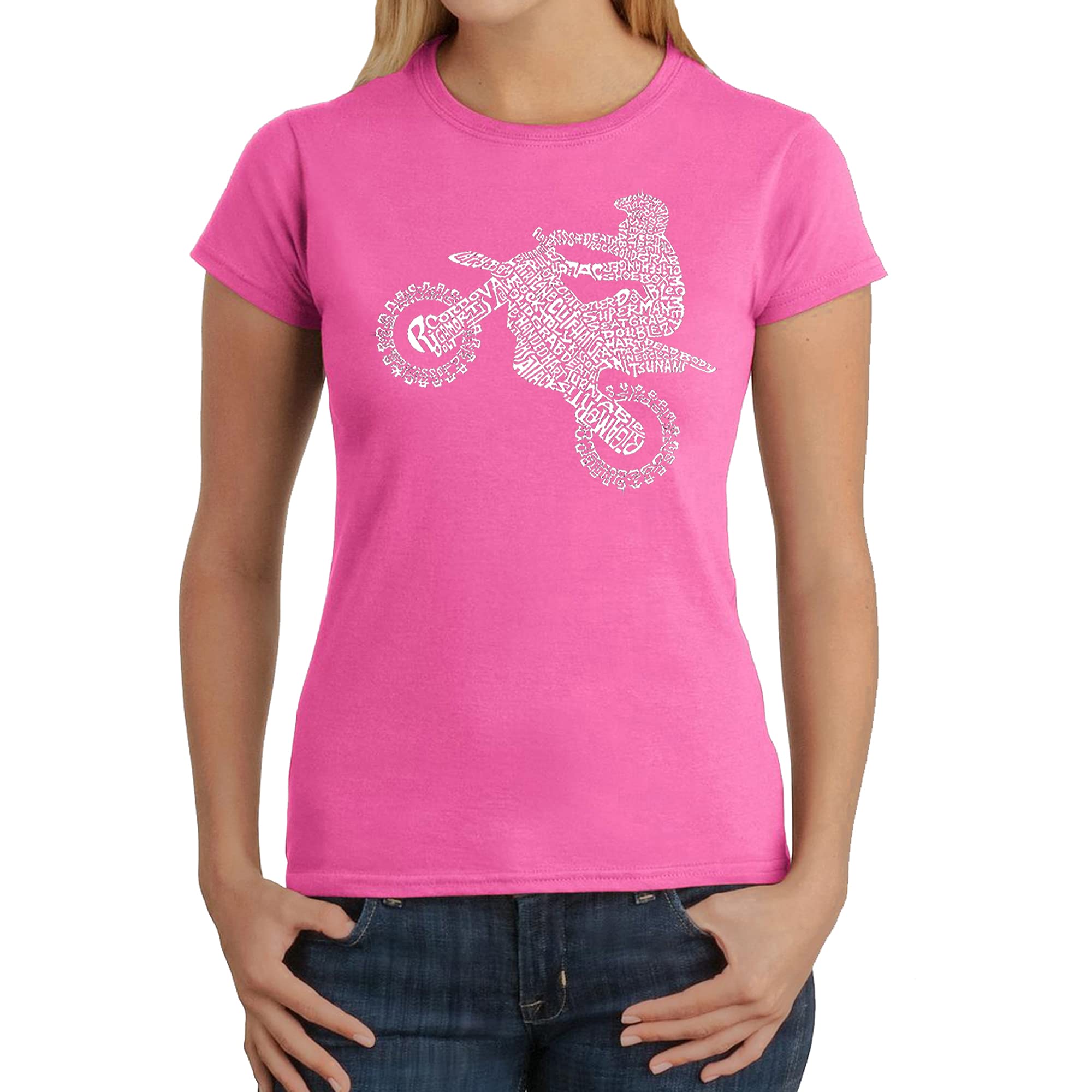 LA POP ART Women's Word Art T-Shirt - Freestyle Motocross FMX Graphic Tee - Cool Biker & Motocross Enthusiast Gift for Women