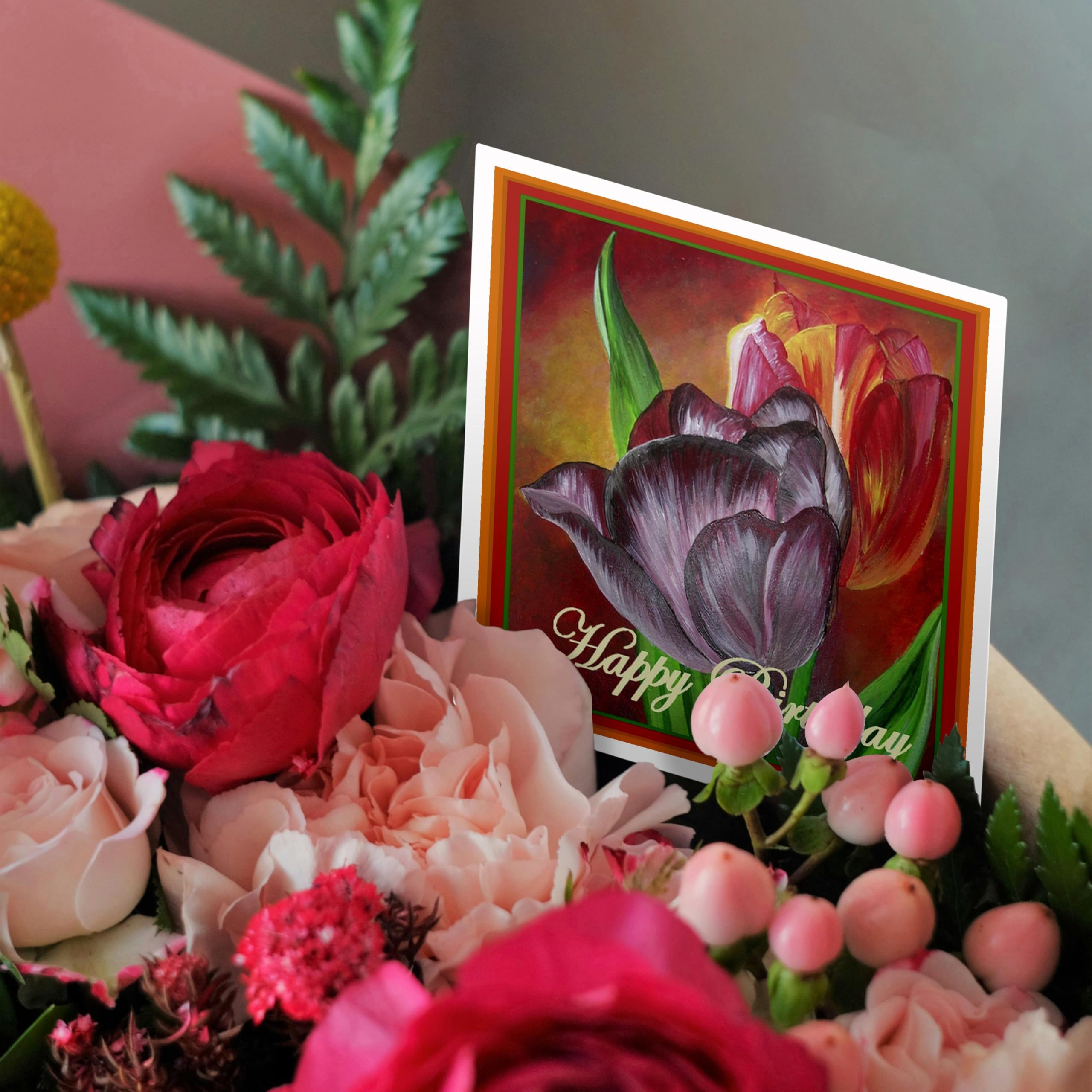 Beautiful Floral Birthday Greeting Card with Realistic Tulip Still Life Design - Perfect for Birthday Wishes, Anniversaries & Special Occasions