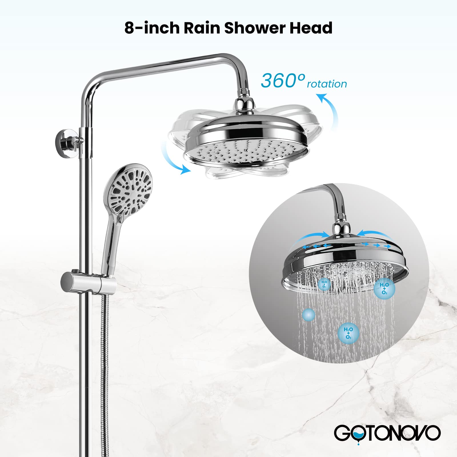 Gotonovo 8 Inch Round Rain Shower Head with Double Cross Handle & Tub Spout - 3 Function ABS Handheld Sprayer, Wall Mount Bathroom Faucet in Polished Chrome - Perfect for Modern Bathrooms & Spa-Like Showers