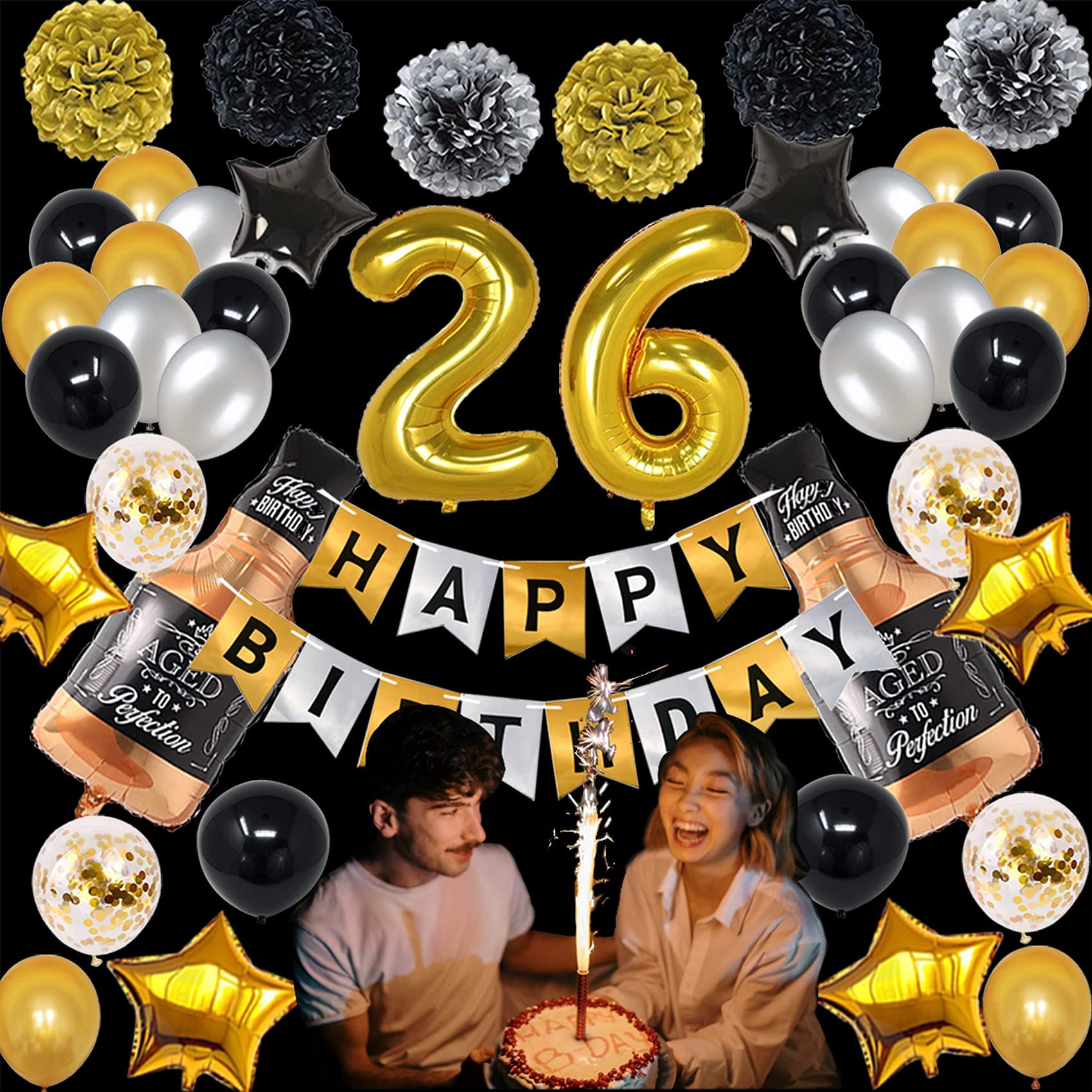 26th Birthday Party Decorations Set - Gold & Black Theme for Men & Women - Includes 26 Number Balloons & Happy Birthday Banner - Perfect for Adult Birthday Parties, Milestone Celebrations & Surprise Decorations