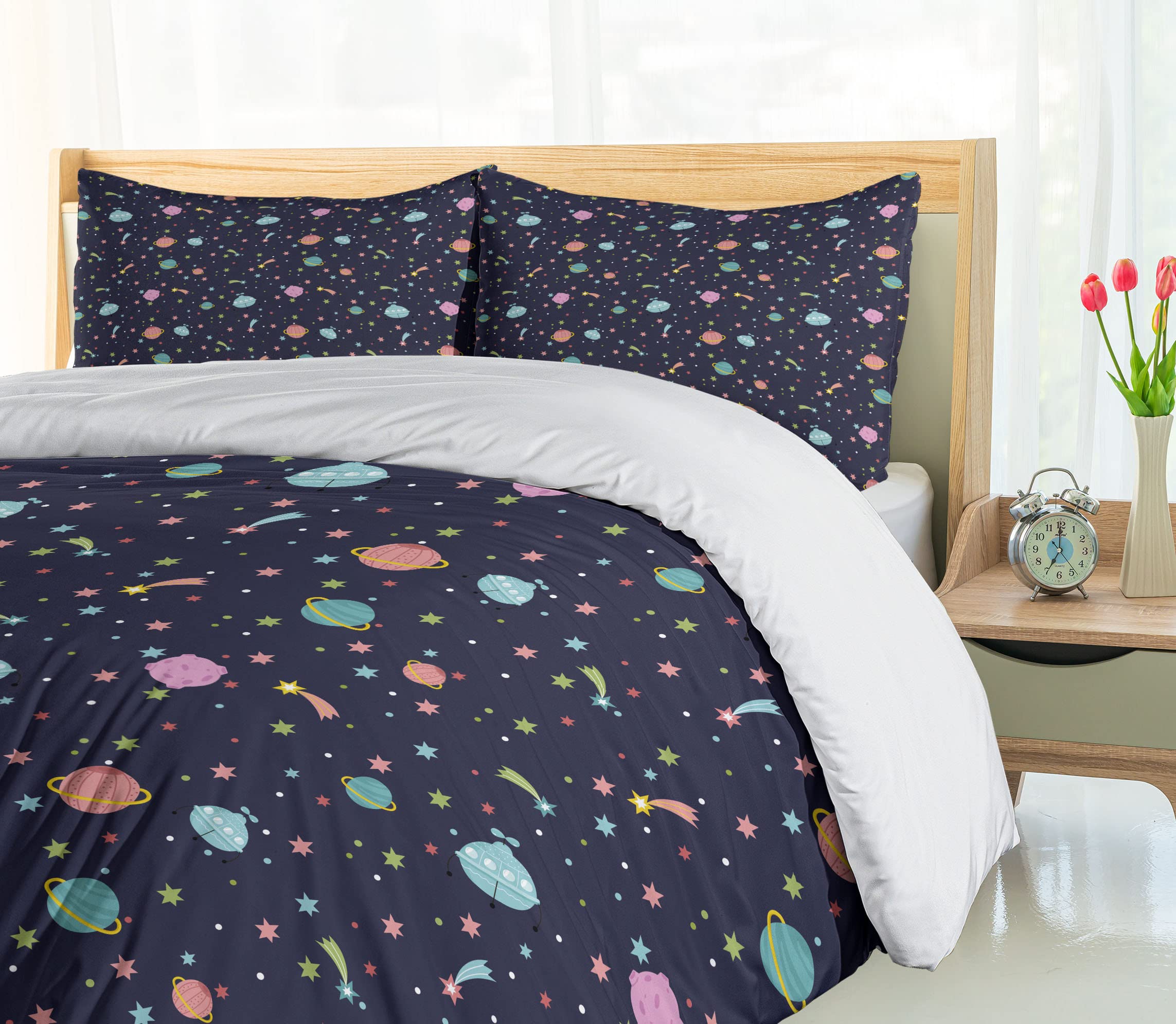 Ambesonne Space Duvet Cover Set - King Size Navy Blue Galaxy Bedding with Alien Planets, Shooting Stars & Polka Dots - 3 Piece Comforter Set Includes 2 Pillow Shams - Perfect for Sci-Fi Themed Bedrooms, Kids Rooms & Astronomy Lovers