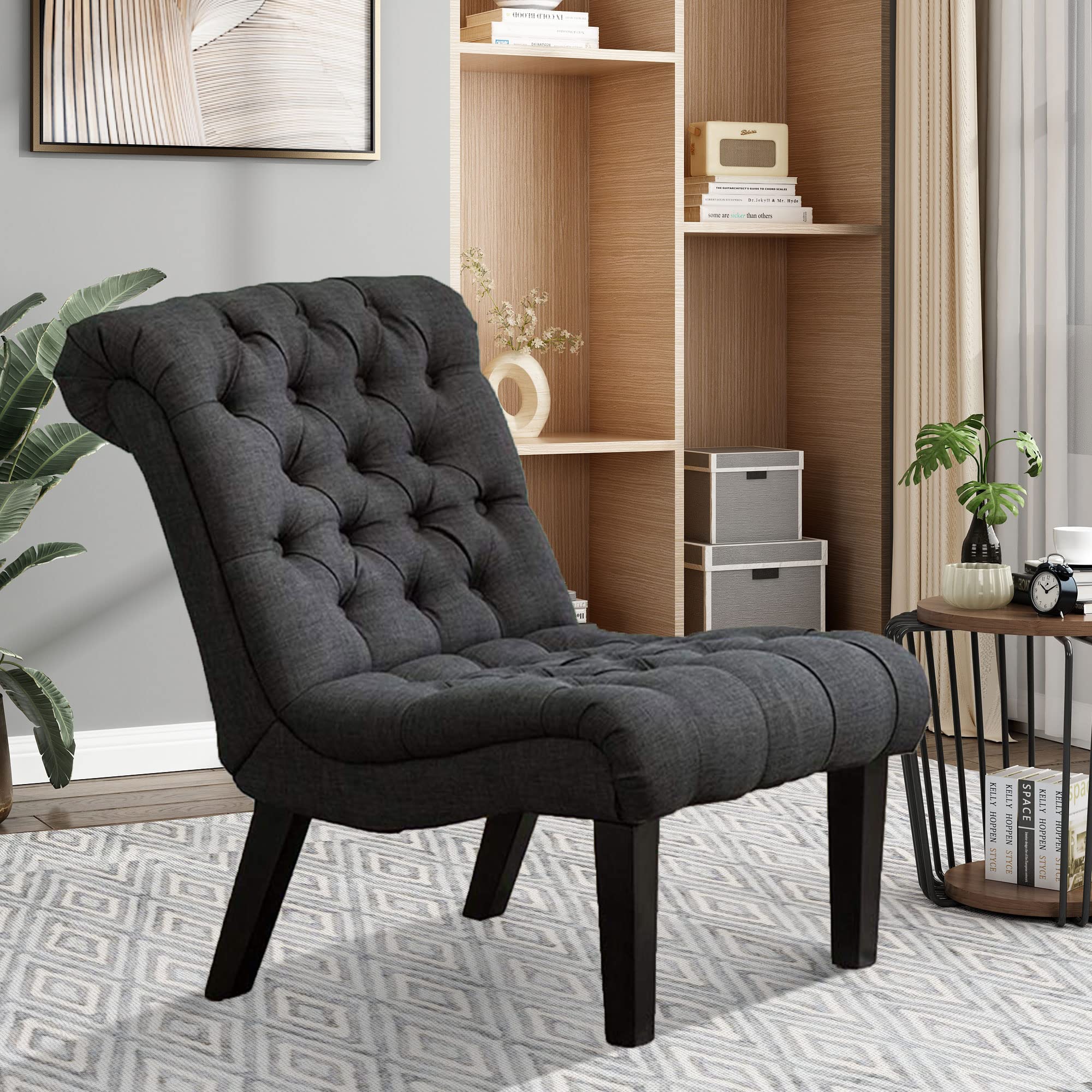 Modern Accent Chair for Living Room & Bedroom - Upholstered Tufted Armless Lounge Chair with Wooden Legs, Grey Fabric Recliner - Perfect for Reading Nook, Home Office, and Small Space Decor