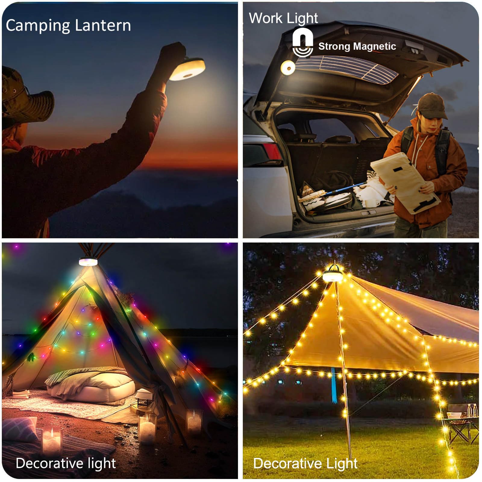 32.8FT USB Rechargeable Camping String Lights - 4-in-1 Waterproof Fairy Lights with 8 Lighting Modes & 30s Recovery, 2000mAh Battery for Tent, RV, Yard, Garden Decor | Perfect for Outdoor Camping, Hiking, Backyard Parties and Patio Lighting