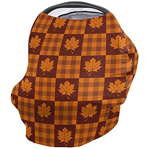 Breathable Baby Nursing Cover - Stretchy Breastfeeding Scarf & Multi-Use Infant Car Seat Canopy - Soft Buffalo Check Plaid Design in Orange Maple Leaf Pattern for Boys & Girls | Perfect for Fall, Thanksgiving & Stroller Outings