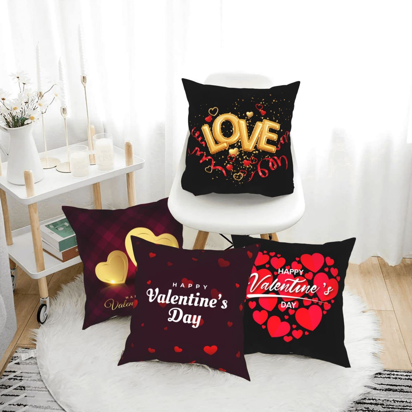 Valentine's Day Gold Hearts Red Tartan Throw Pillow Covers - Decorative Cushion Cases for Sofa, Bed, Chair & Car - Romantic Home Decor for Couples & Anniversary Gifts