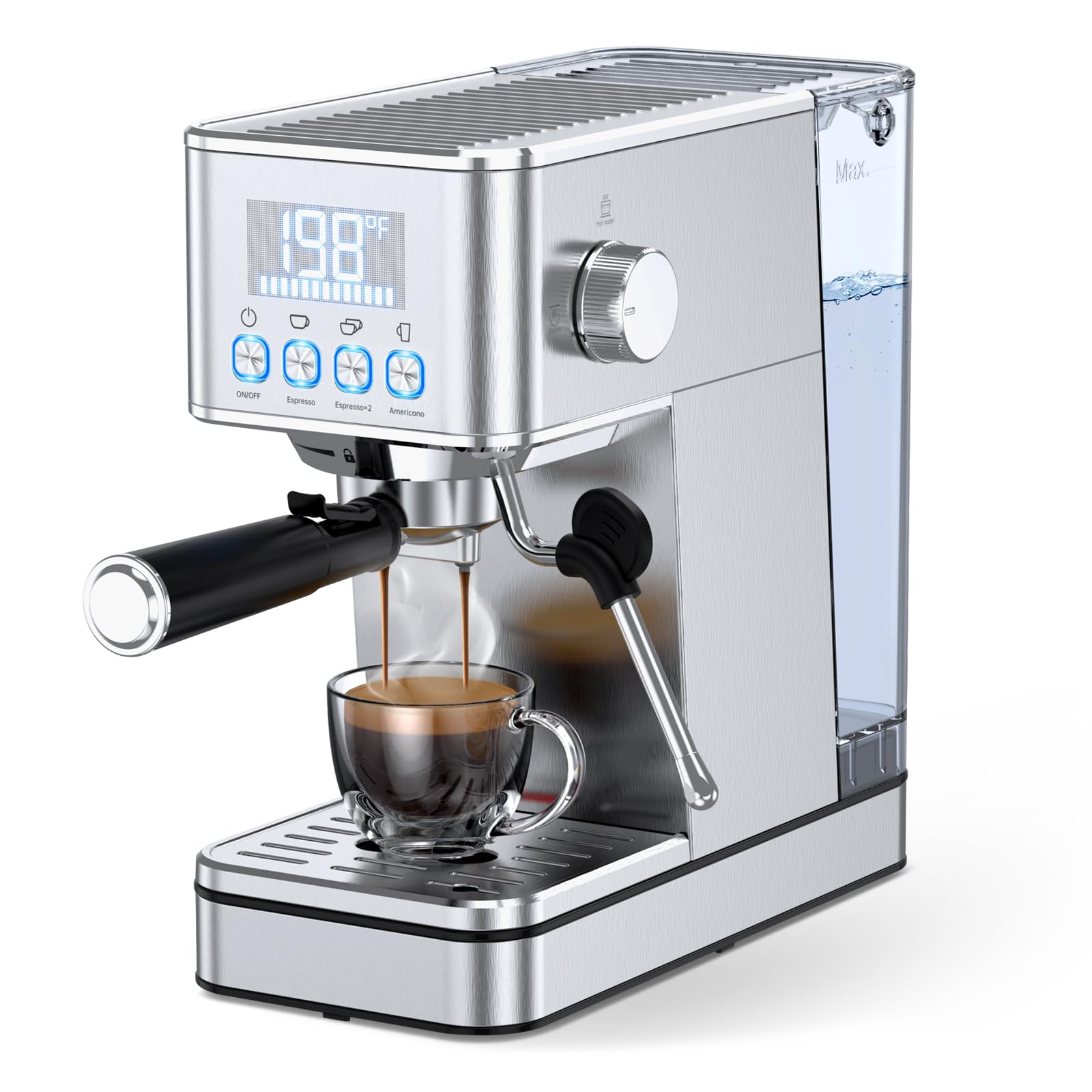 Premium 20Bar Stainless Steel Espresso Machine with Milk Frother - 57.5OZ Removable Water Tank, Time & Temperature Display - Perfect for Cold Brew & Cappuccino at Home or Office - Silver