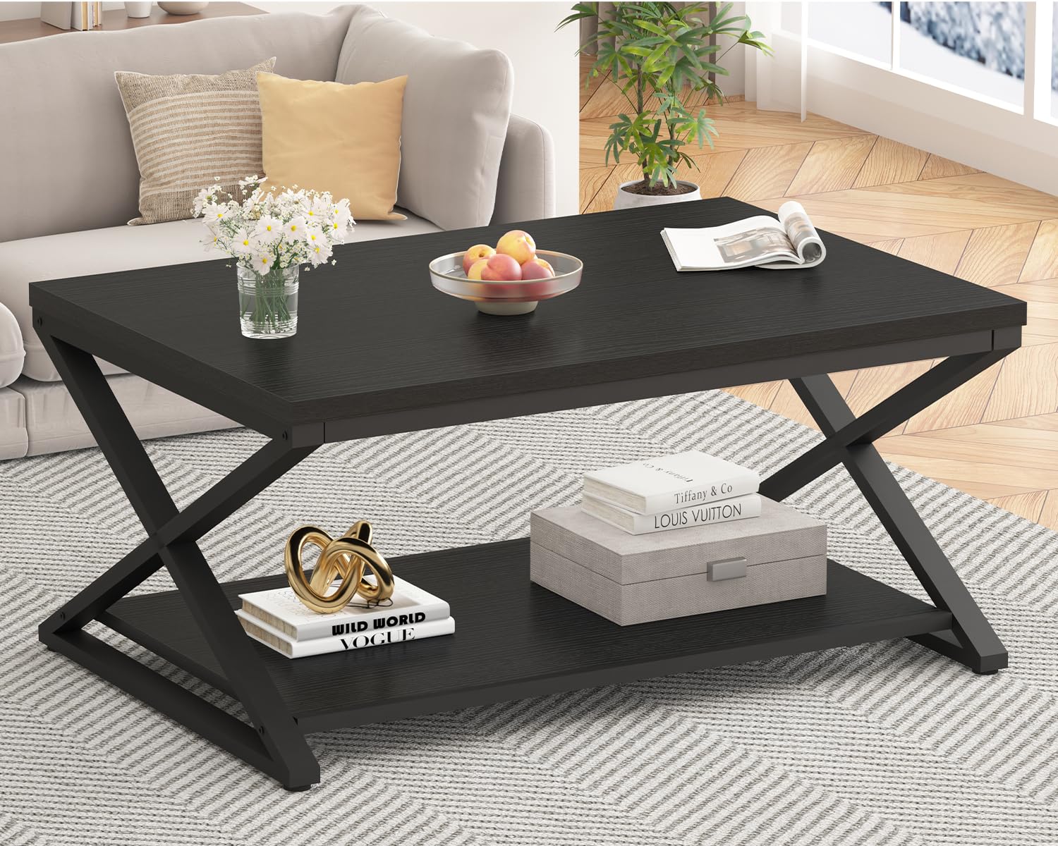 HSH Modern Minimalist Black Coffee Table with Storage Shelf - 39 Inch 2-Tier Rectangle Metal & Wood Center Table for Living Room, Home Office, Bedroom - Perfect for Cocktail Parties, Tea Time, and Display Decor